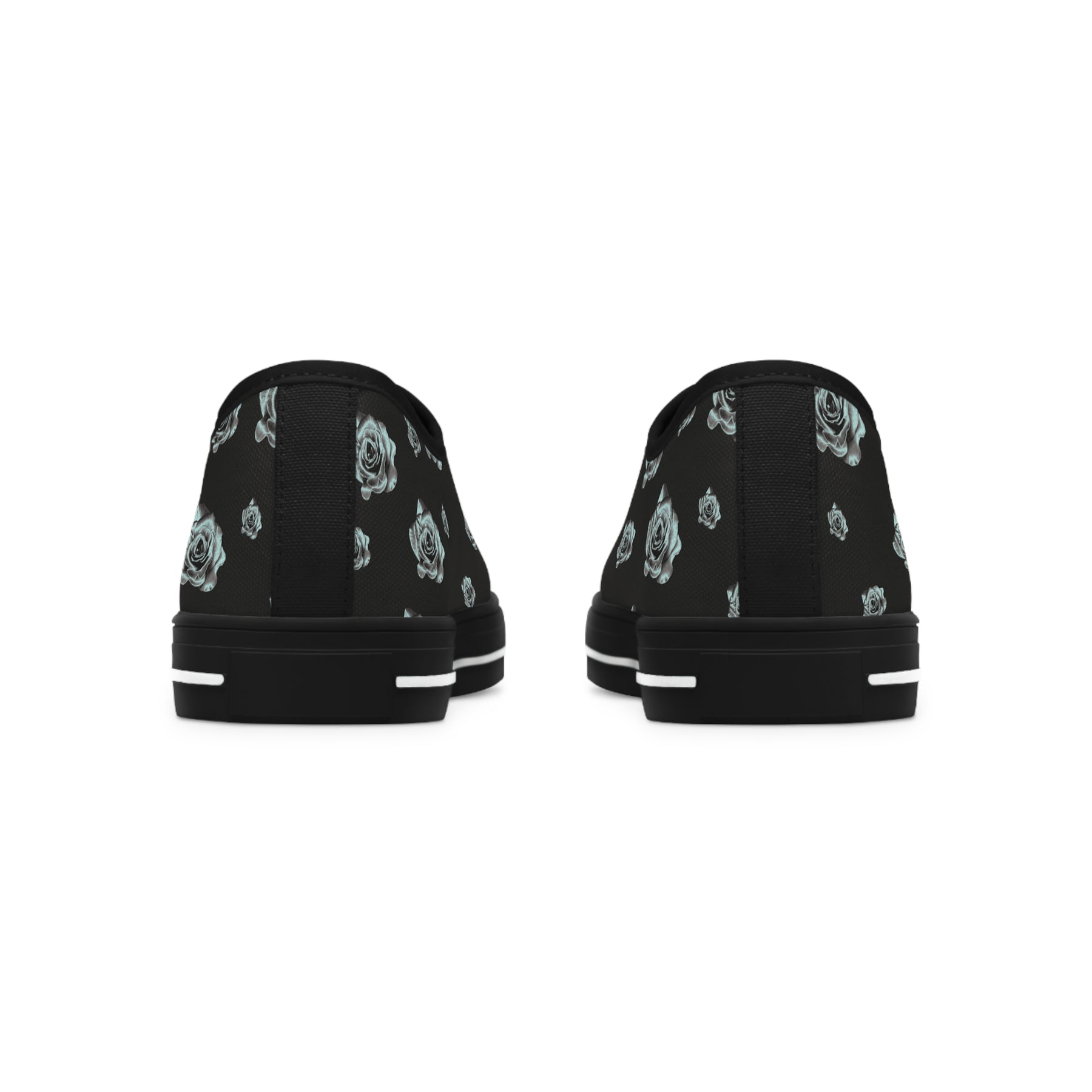 Back view of Black Sneakers with silver/blue roses and white soles and laces.