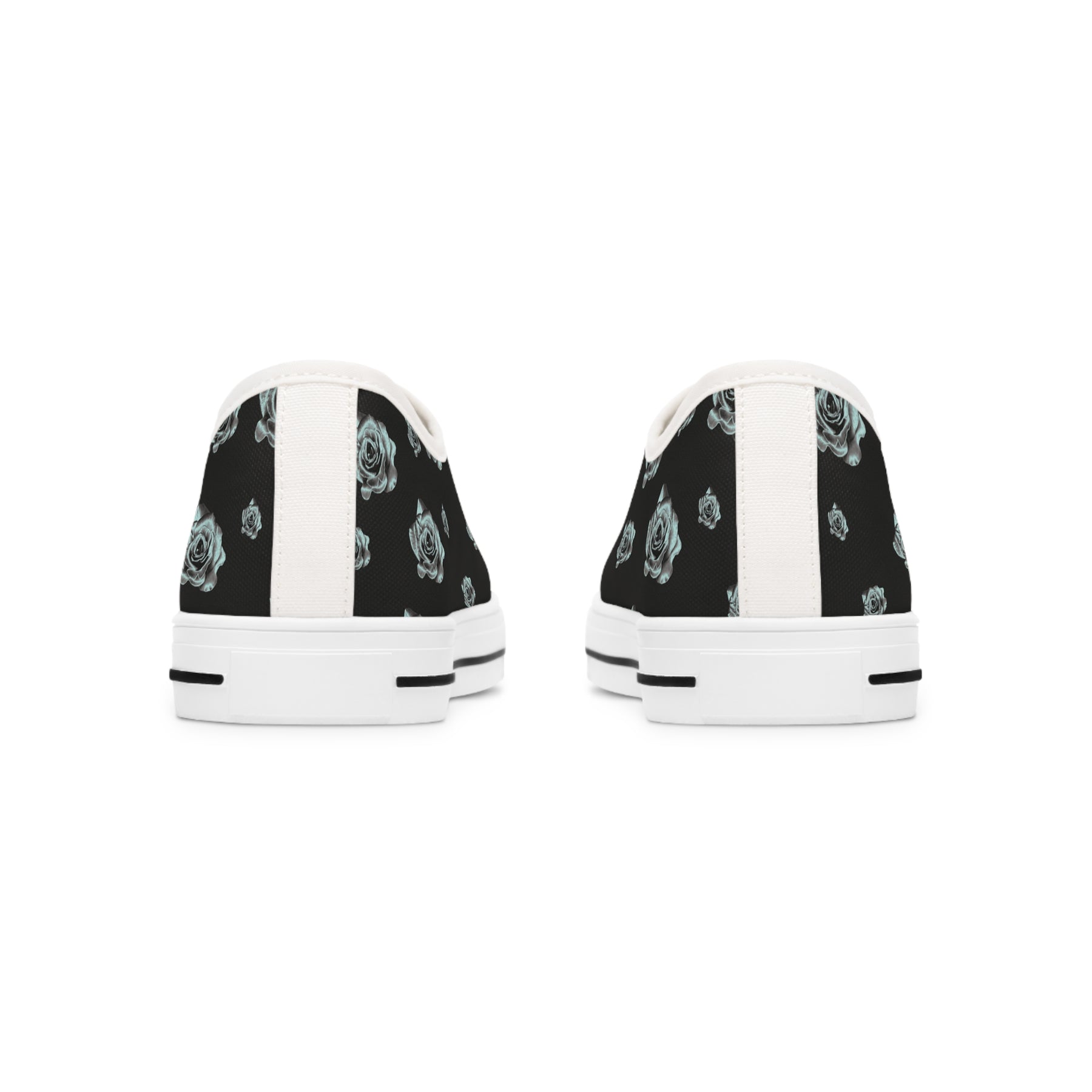 back view of Black Sneakers with silver/blue roses and white soles and laces.
