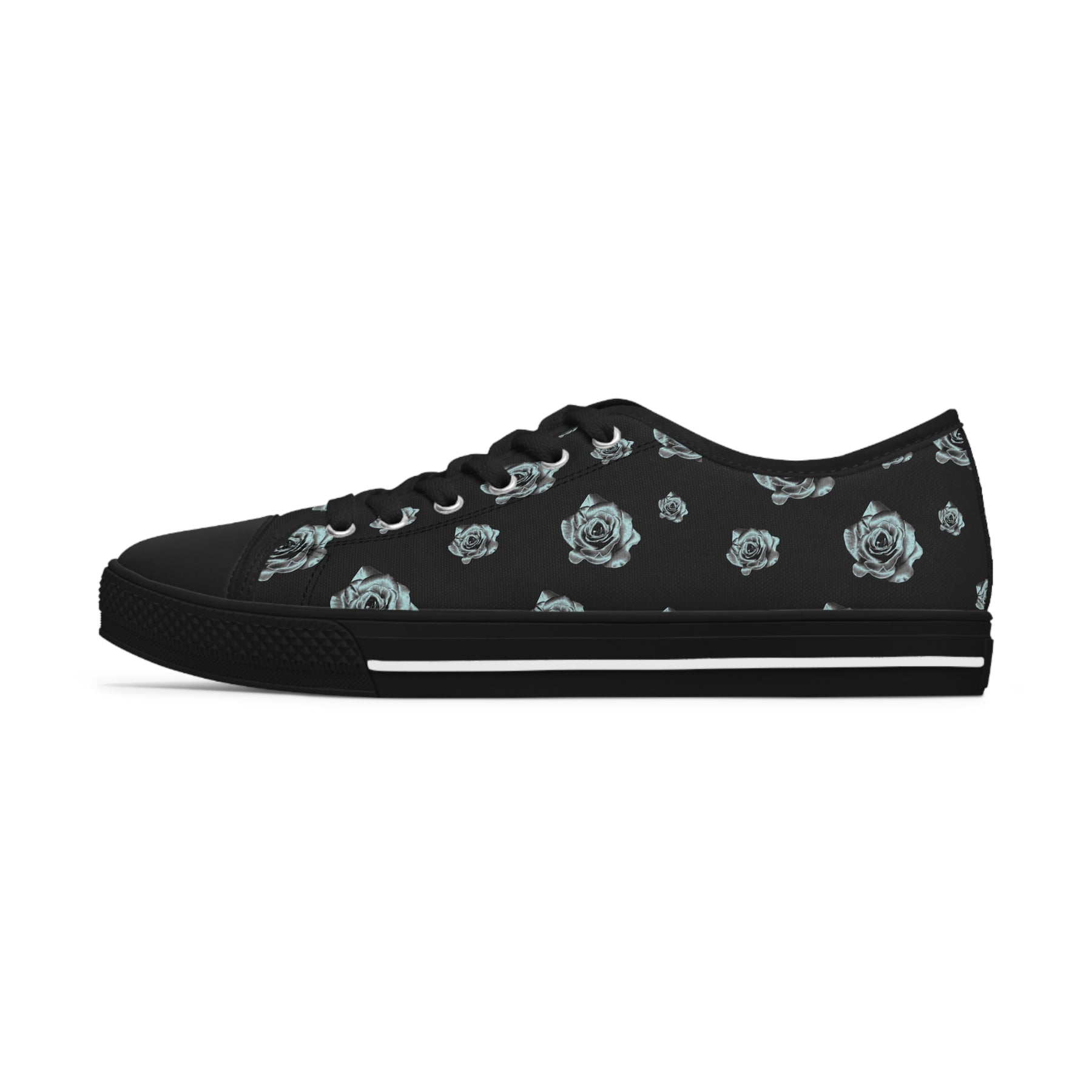 1 Black Sneaker with silver/blue roses and black soles and laces.