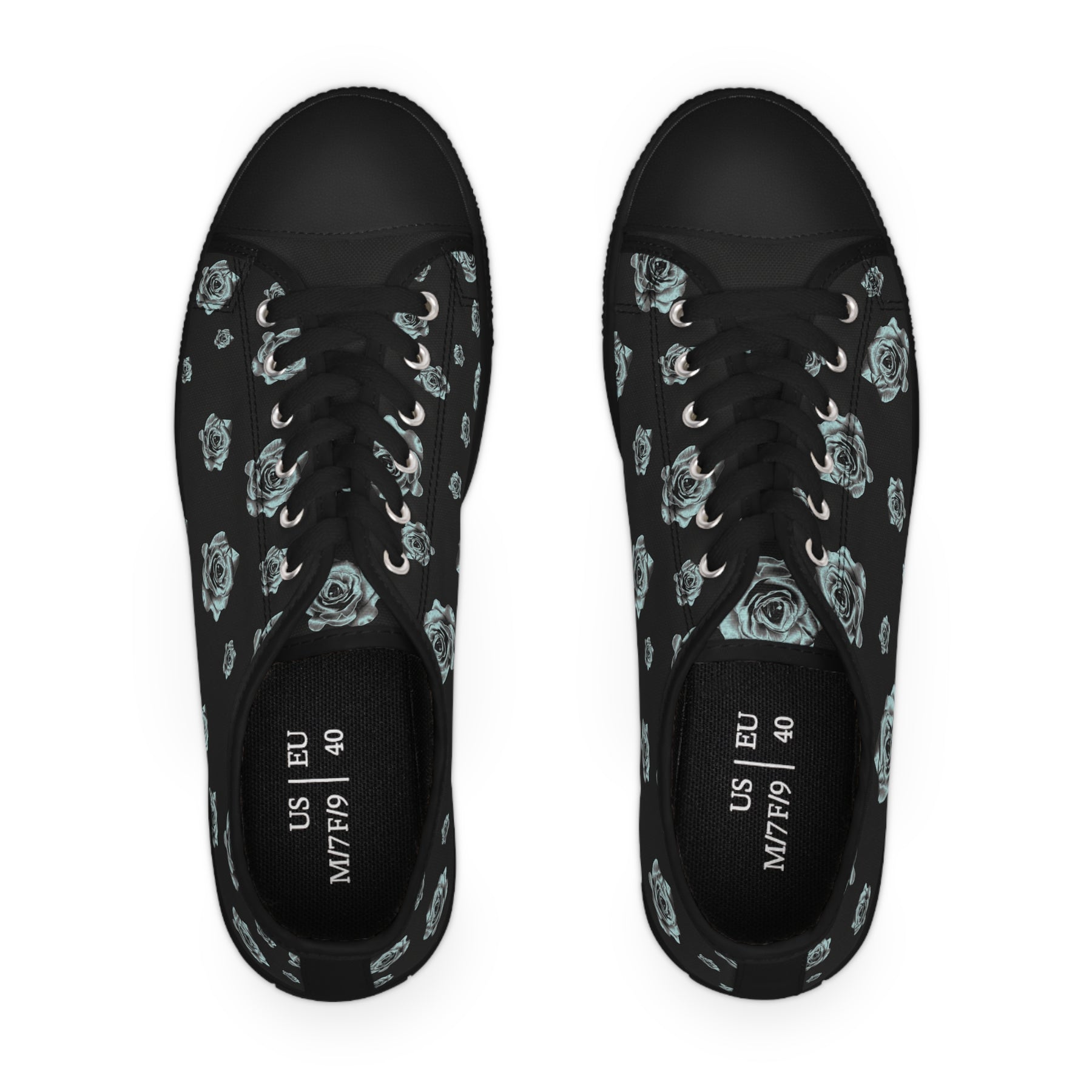 Top view of Black Sneakers with silver/blue roses and white soles and laces.