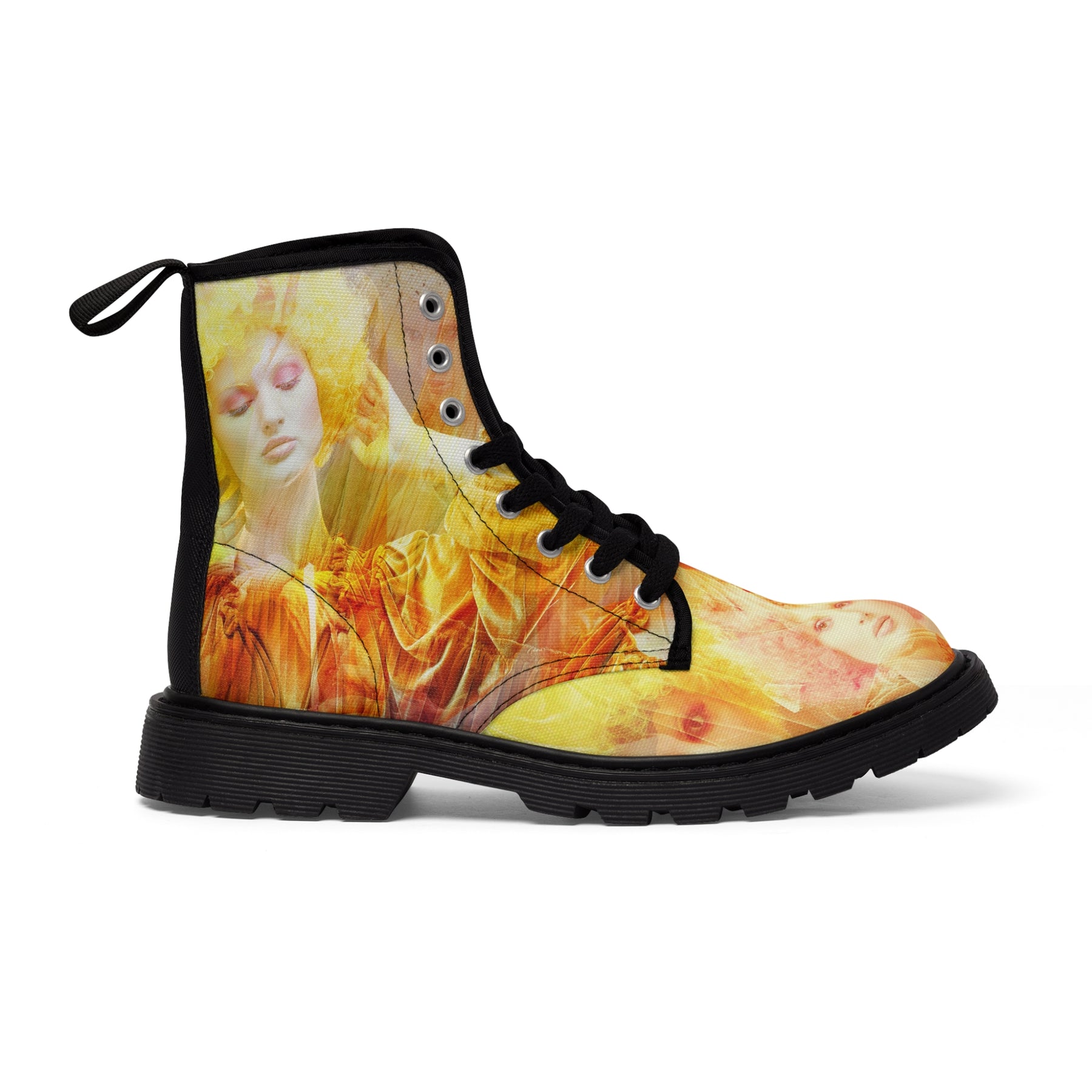 woman's canvas boots printed with a montage image of a beautiful fashion clown