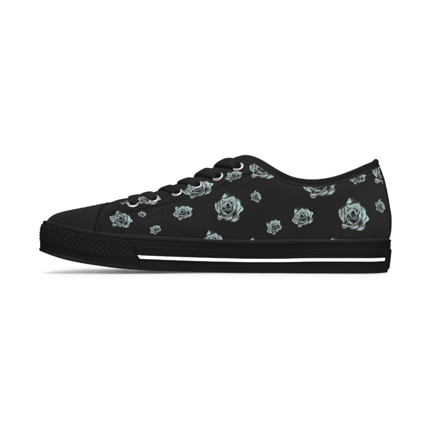 1 Black Sneaker with silver/blue roses and black soles and laces.