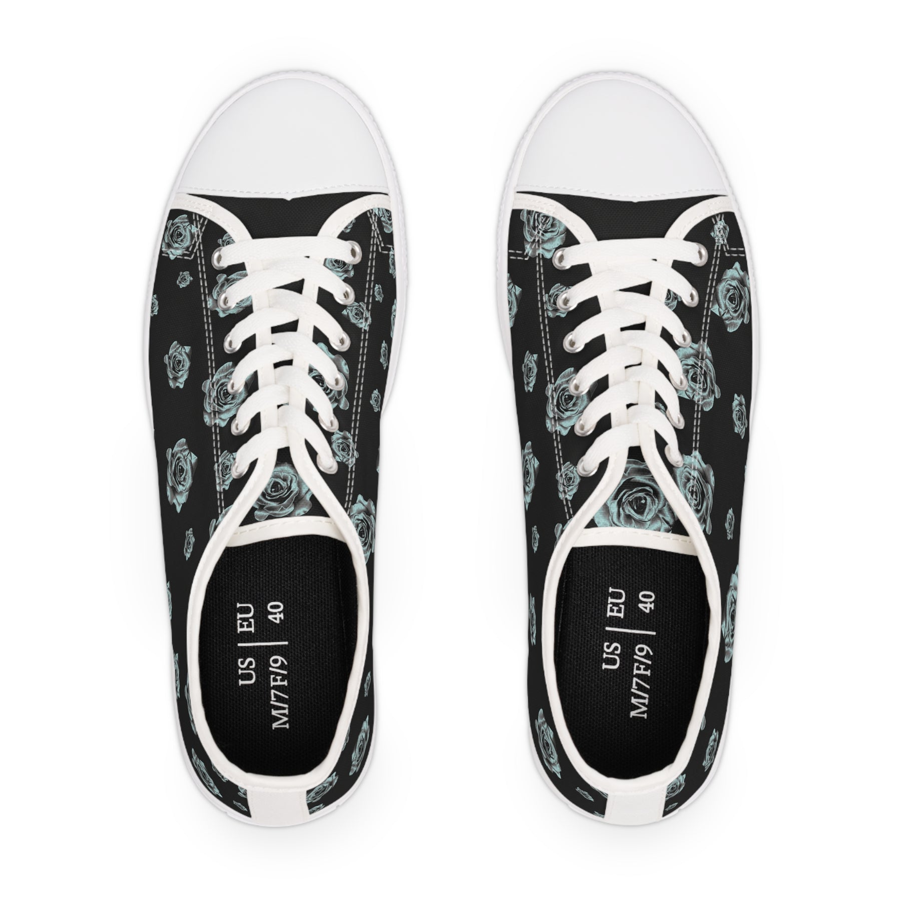 Top view of Black Sneakers with silver/blue roses and white soles and laces.