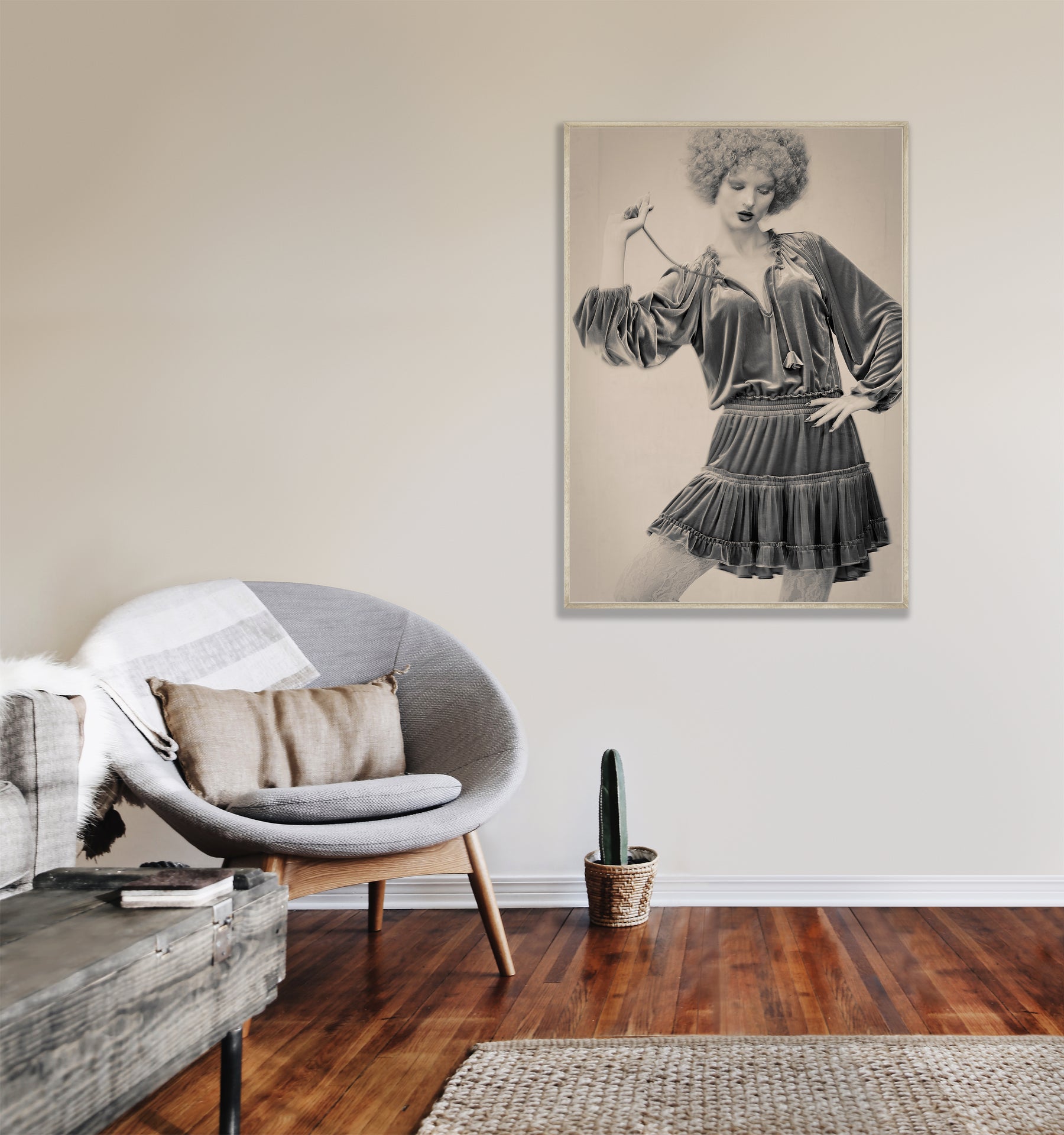 living room setting for Fine art framed poster of a young woman in a heavy fabric dress and curly wig with an antique colour tone and feel