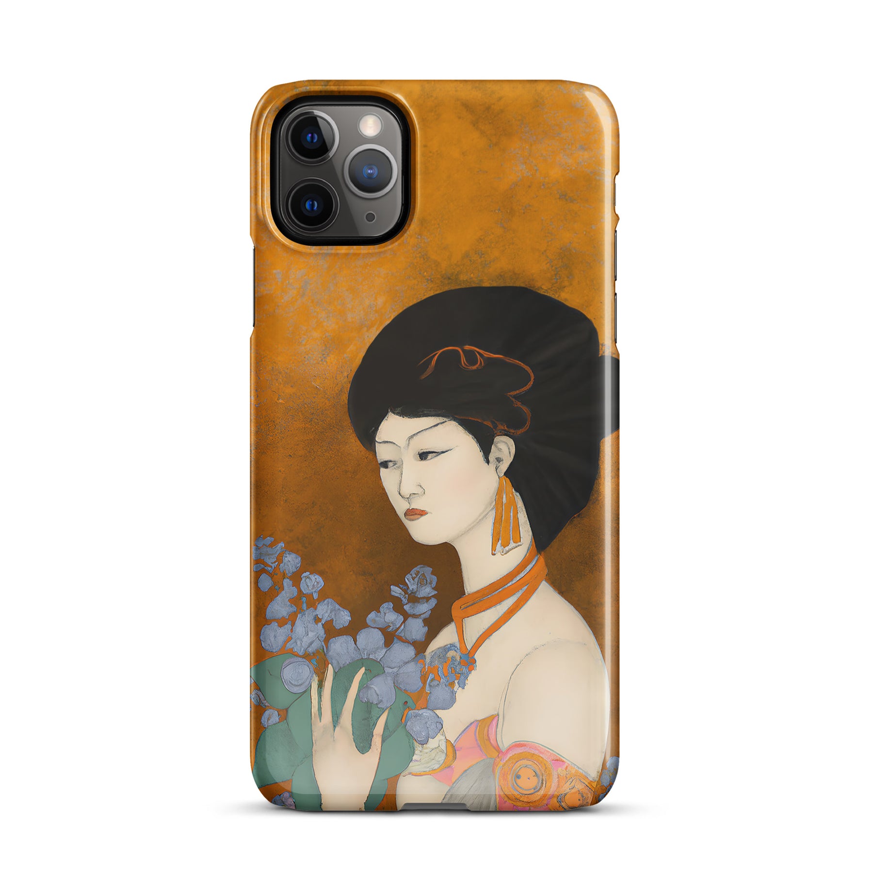 iPhone case with a painted image of a Geisha holding some violets