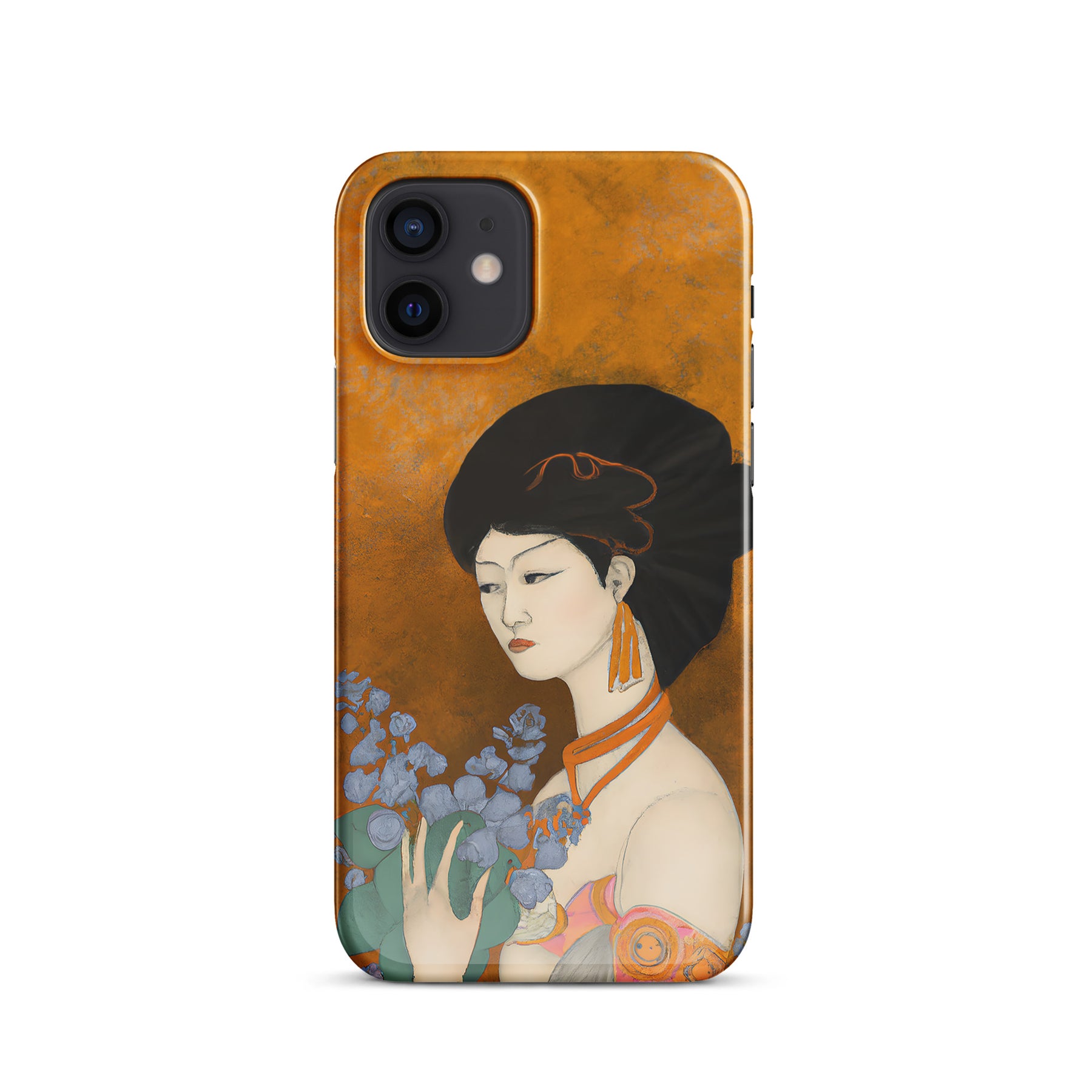 iPhone case with a painted image of a Geisha holding some violets