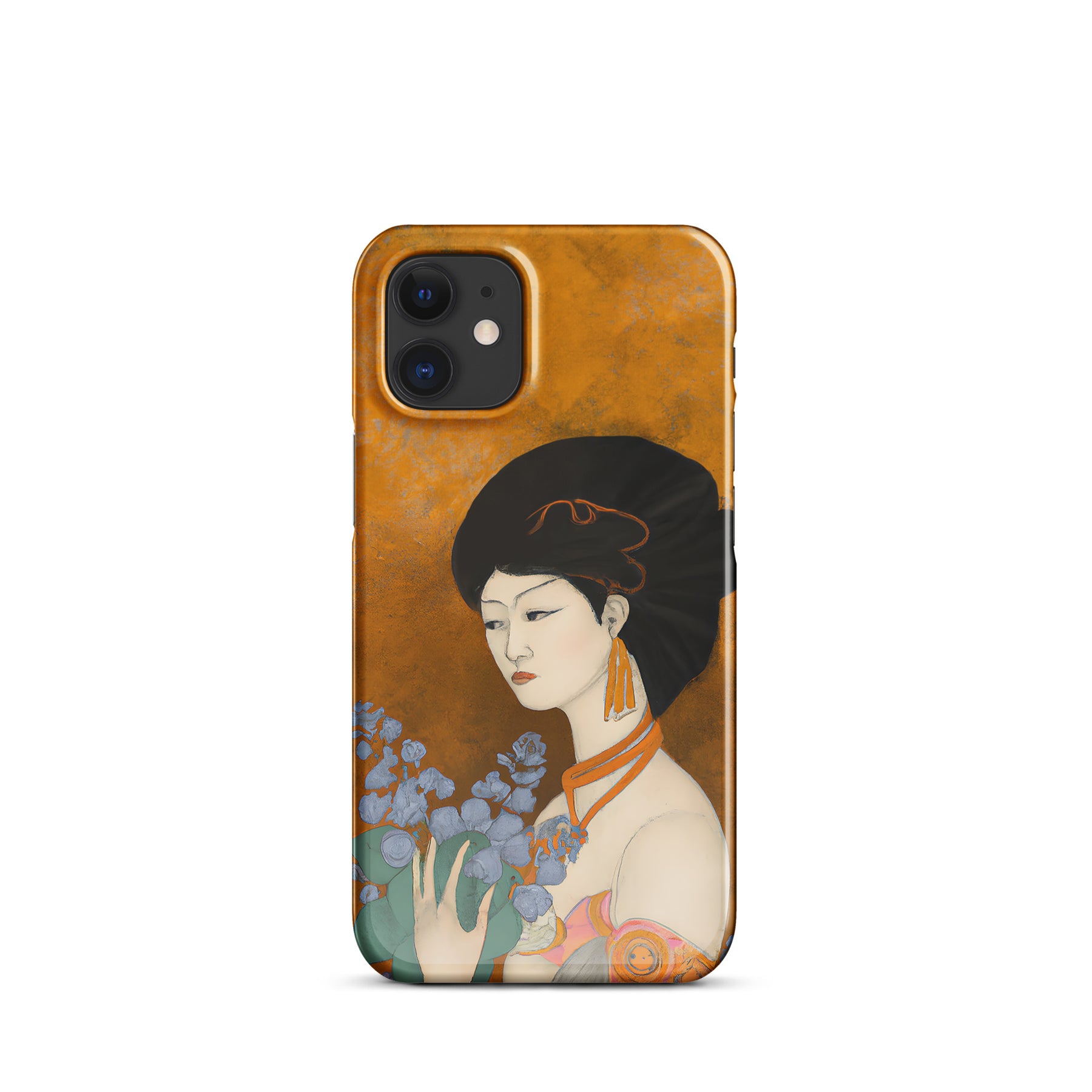 iPhone case with a painted image of a Geisha holding some violets