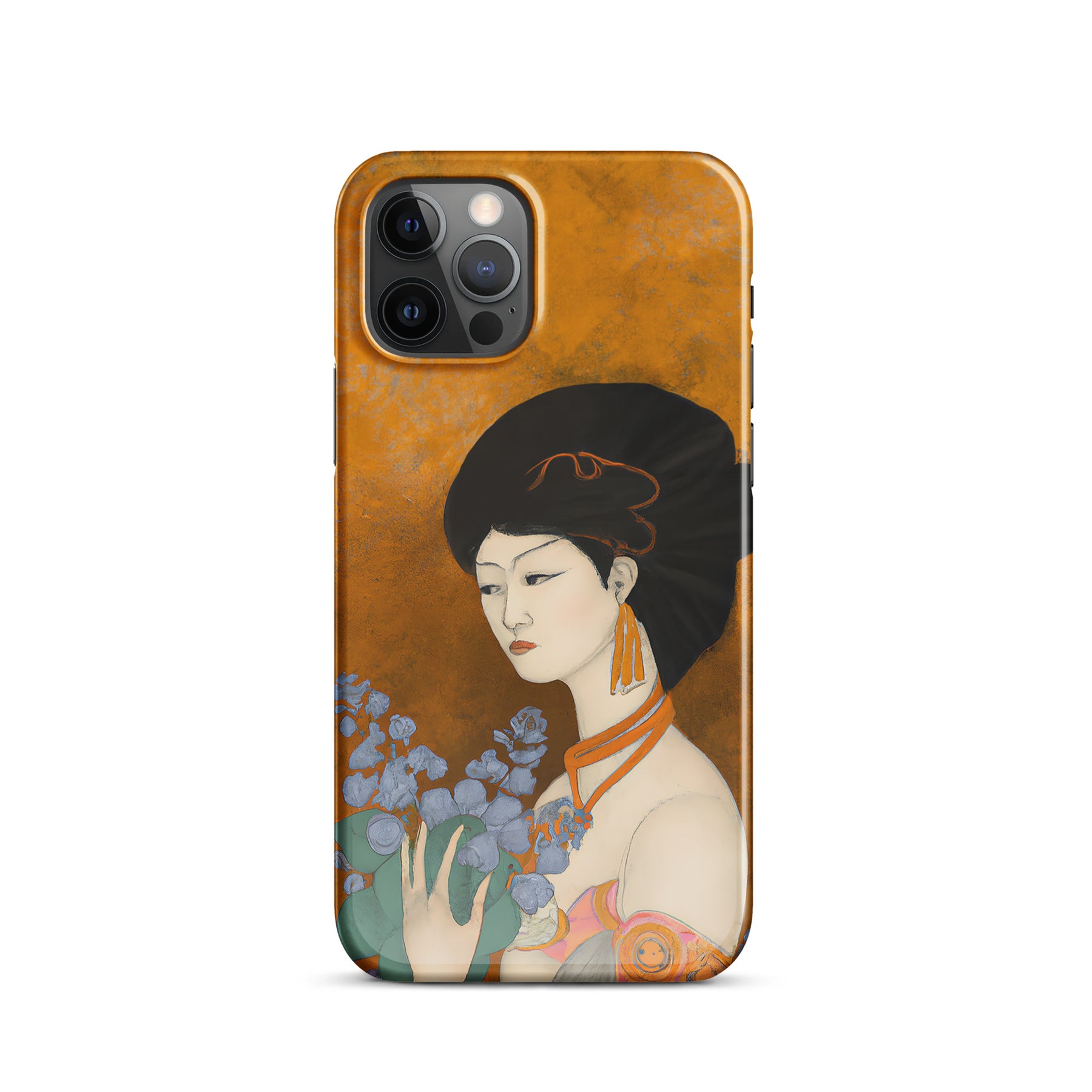 iPhone case with a painted image of a Geisha holding some violets