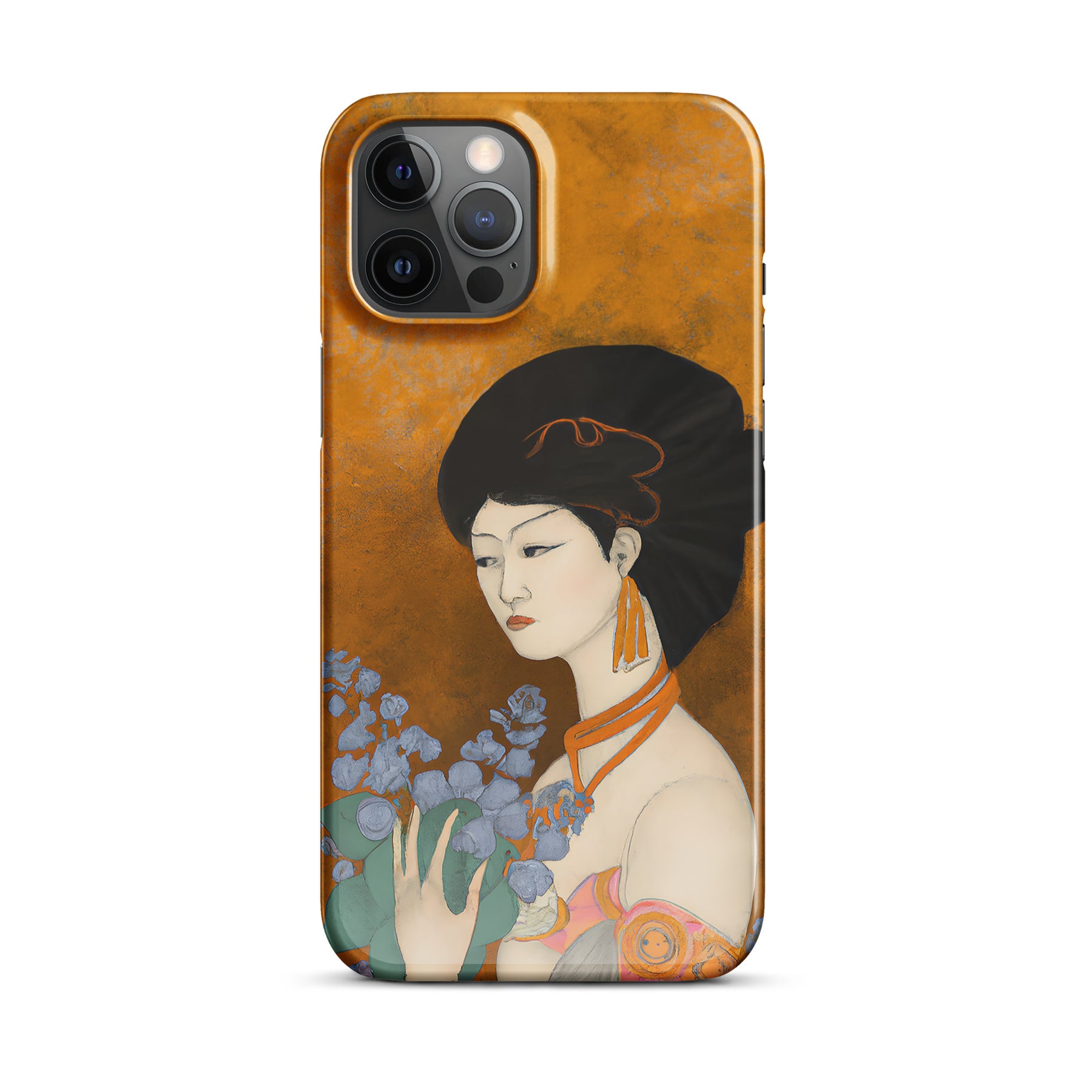 iPhone case with a painted image of a Geisha holding some violets