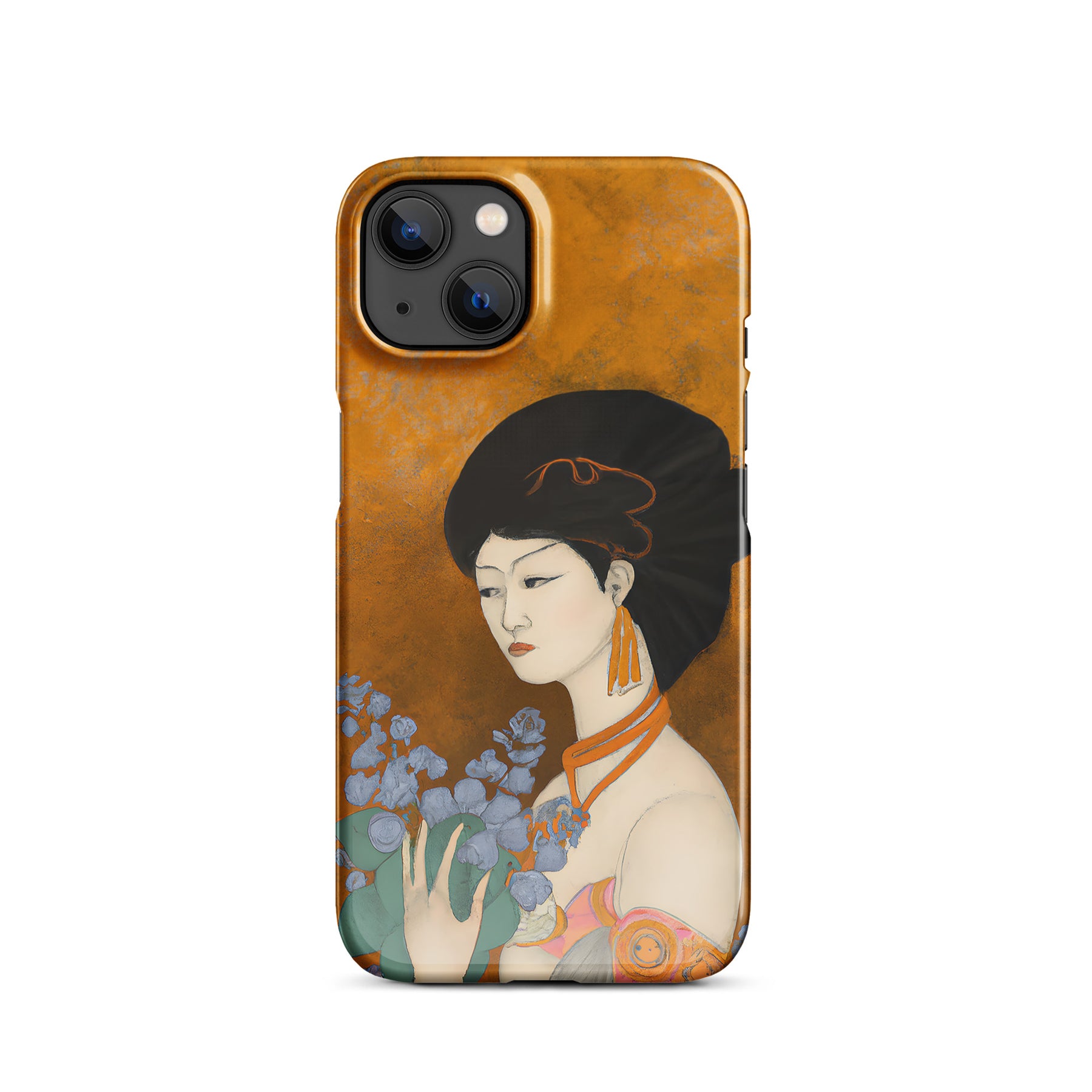 iPhone case with a painted image of a Geisha holding some violets