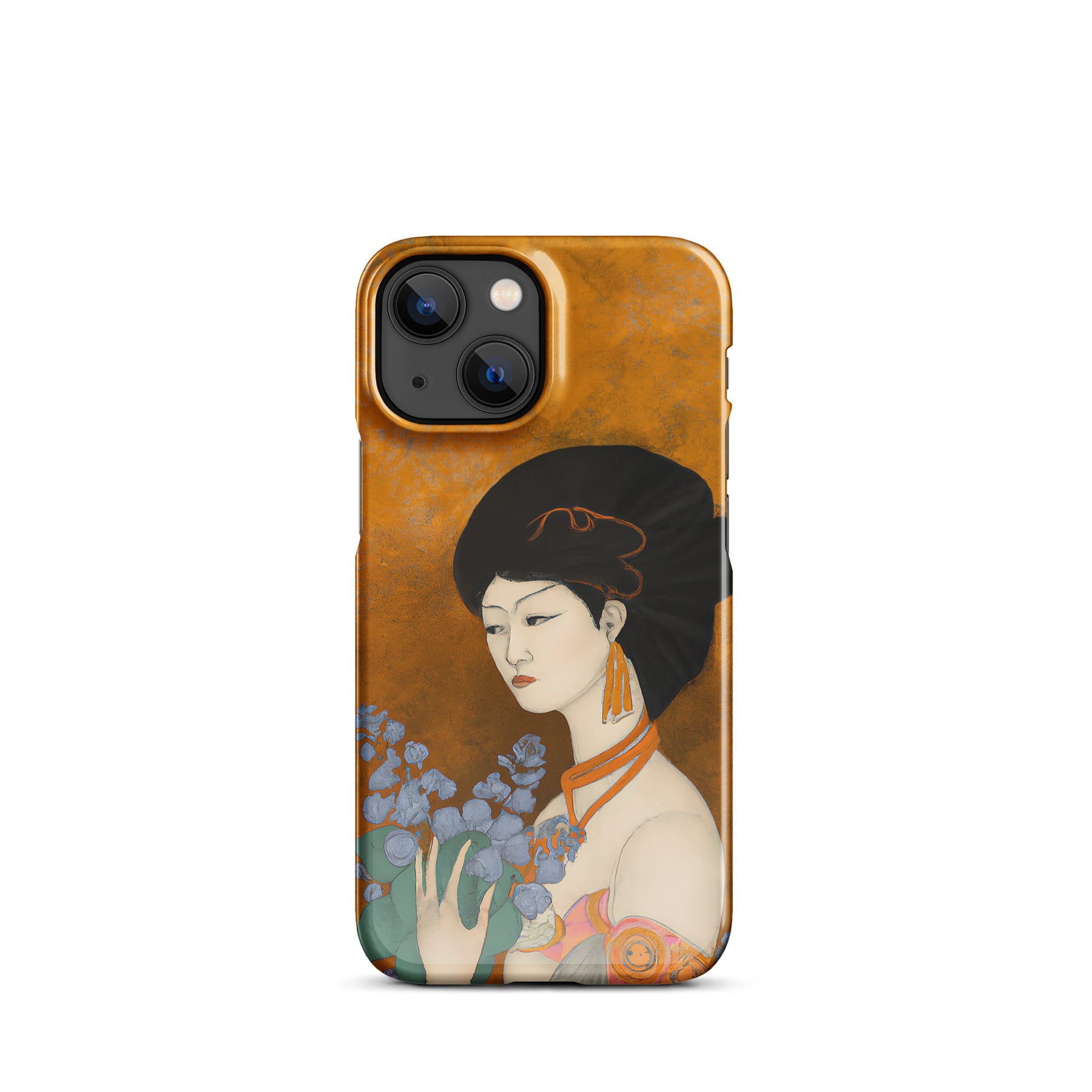 iPhone case with a painted image of a Geisha holding some violets