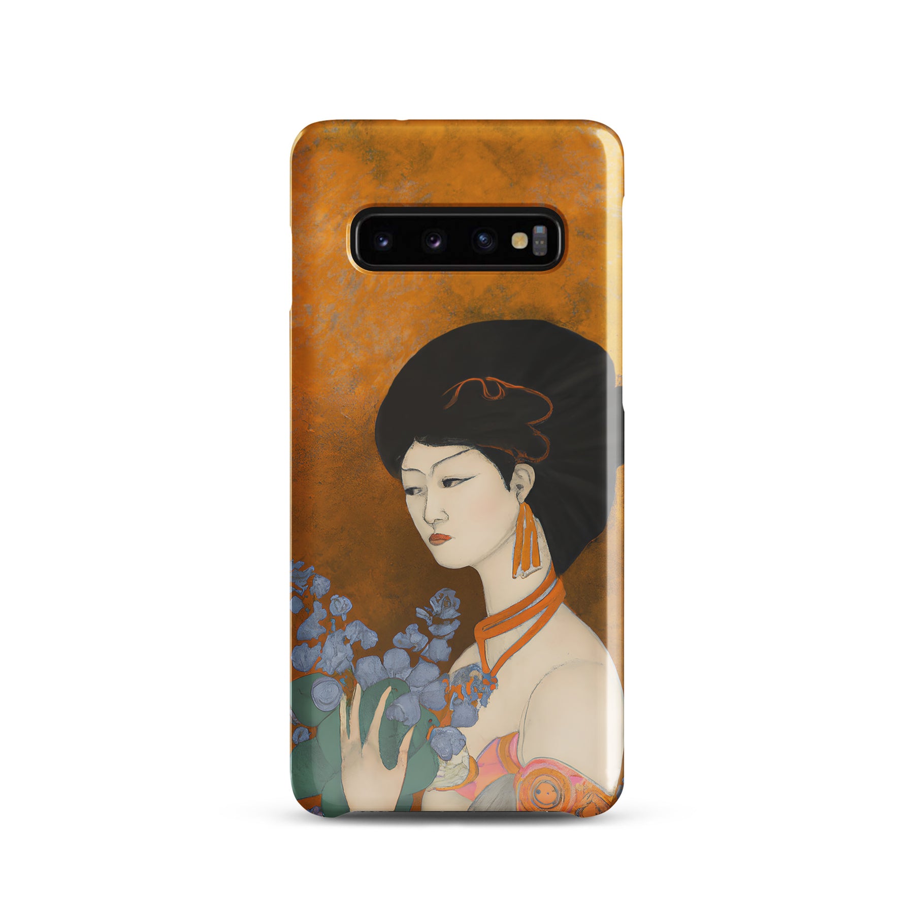 Samsung Phone case with a painted image of a Geisha holding some violets