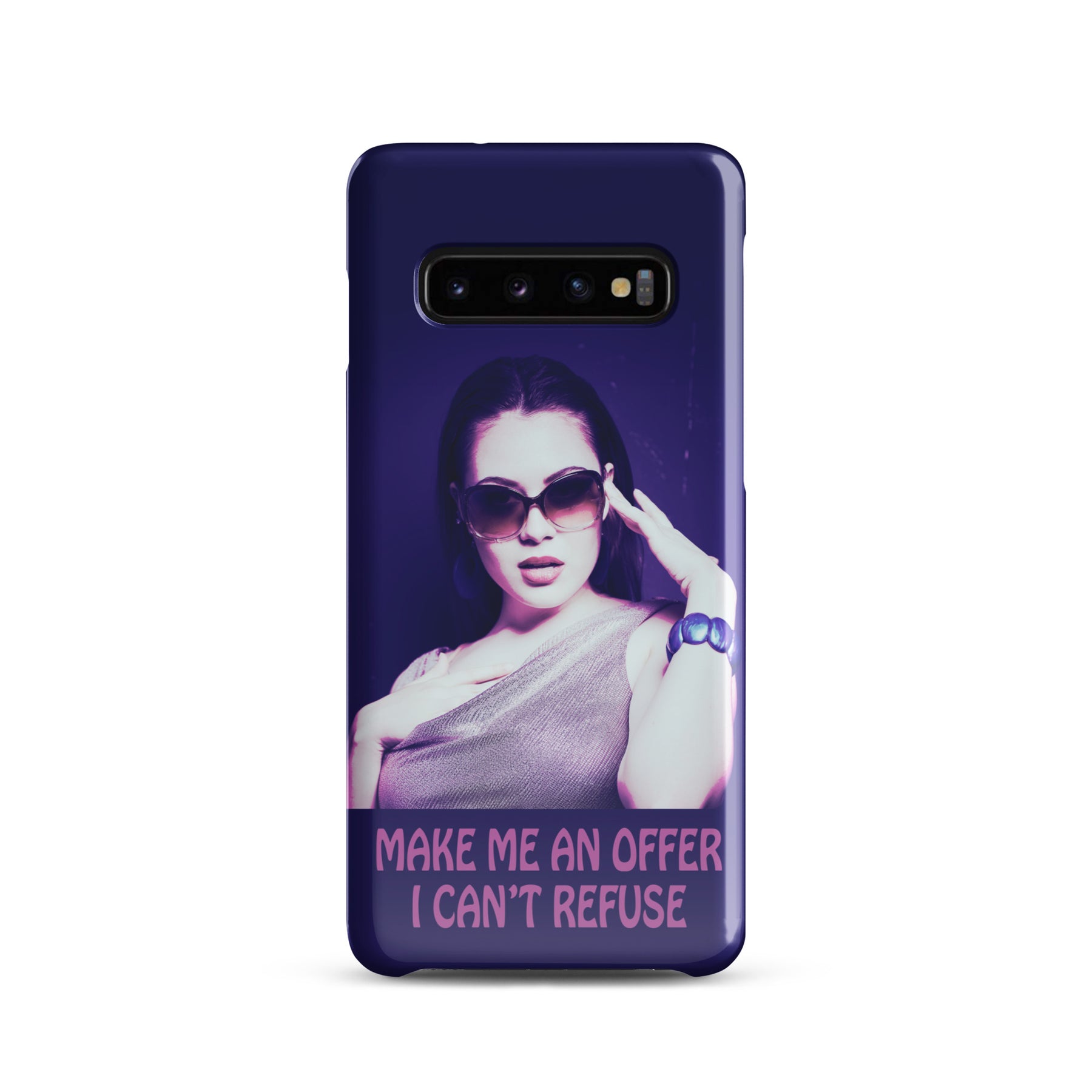 Samsung Phone case with a purple wrap and an image of a young woman in sunglasses. There is pink text that reads Make Me An Offer I Can't Refuse
