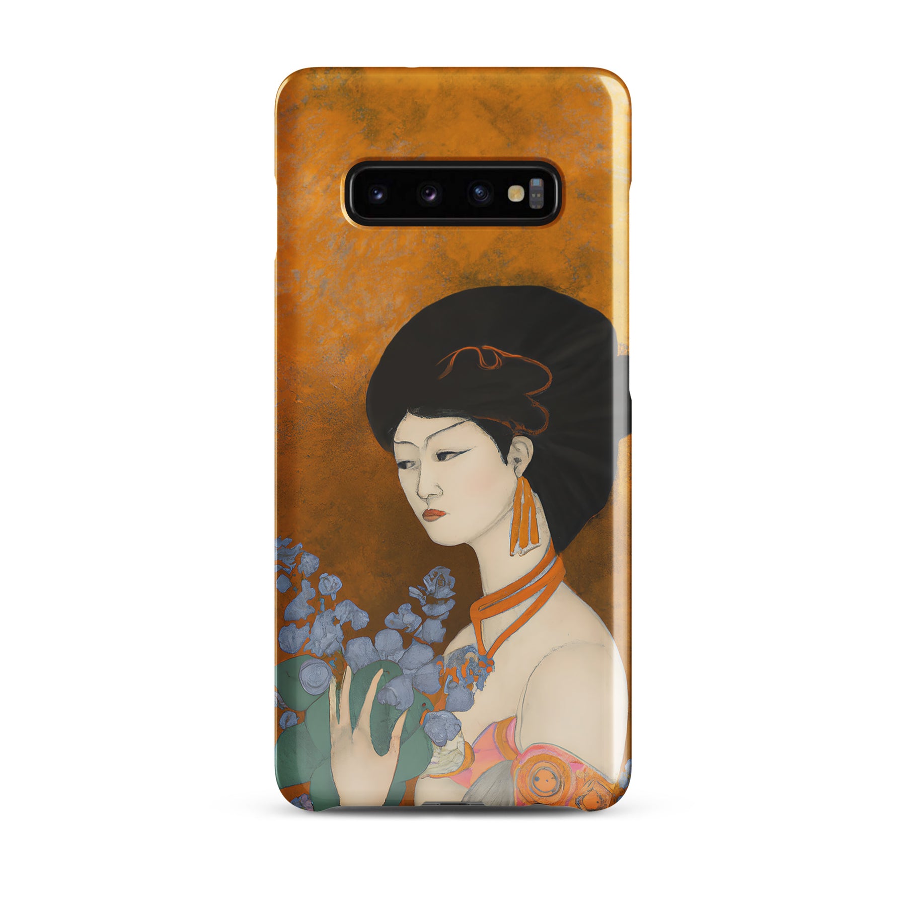 Samsung Phone case with a painted image of a Geisha holding some violets