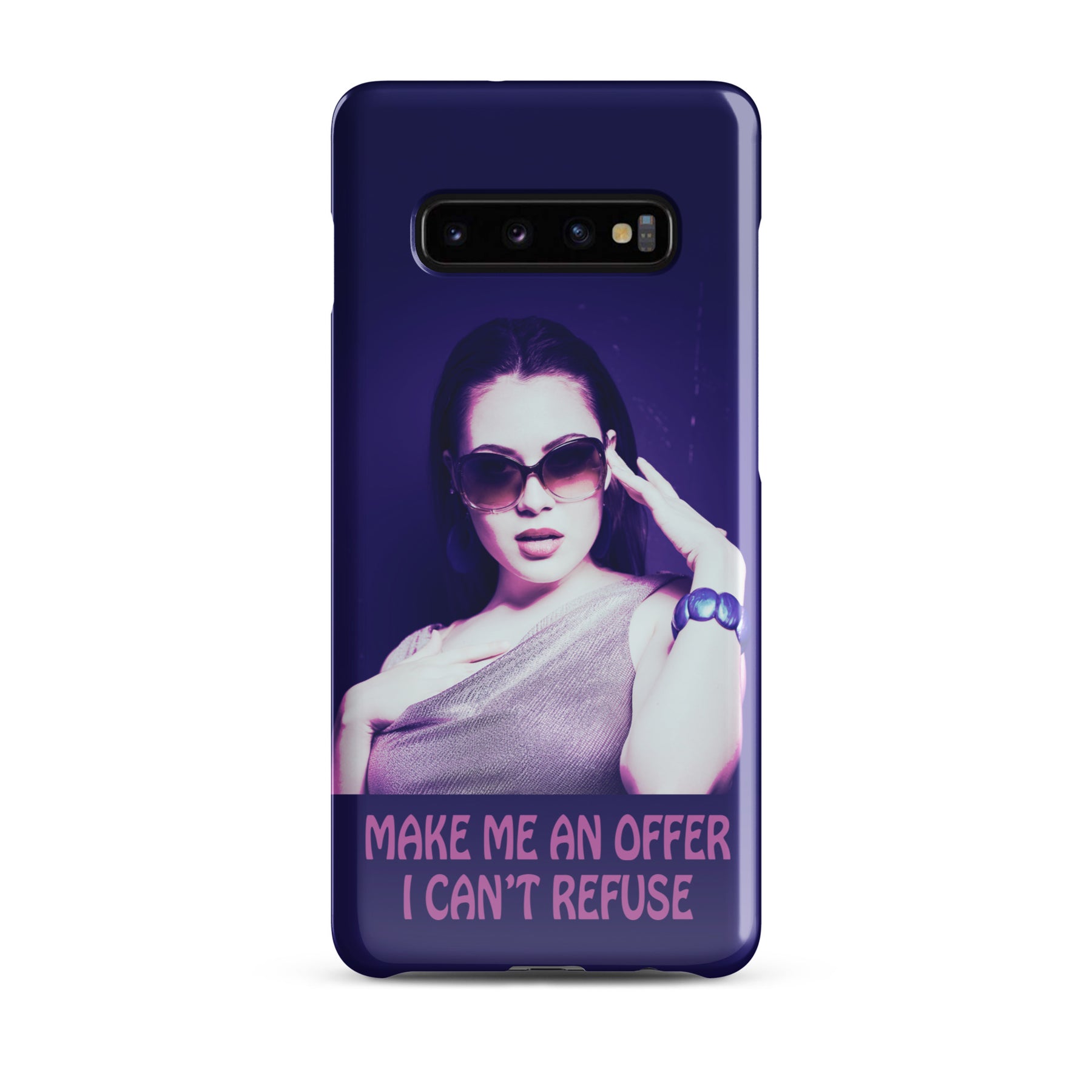 Samsung Phone case with a purple wrap and an image of a young woman in sunglasses. There is pink text that reads Make Me An Offer I Can't Refuse