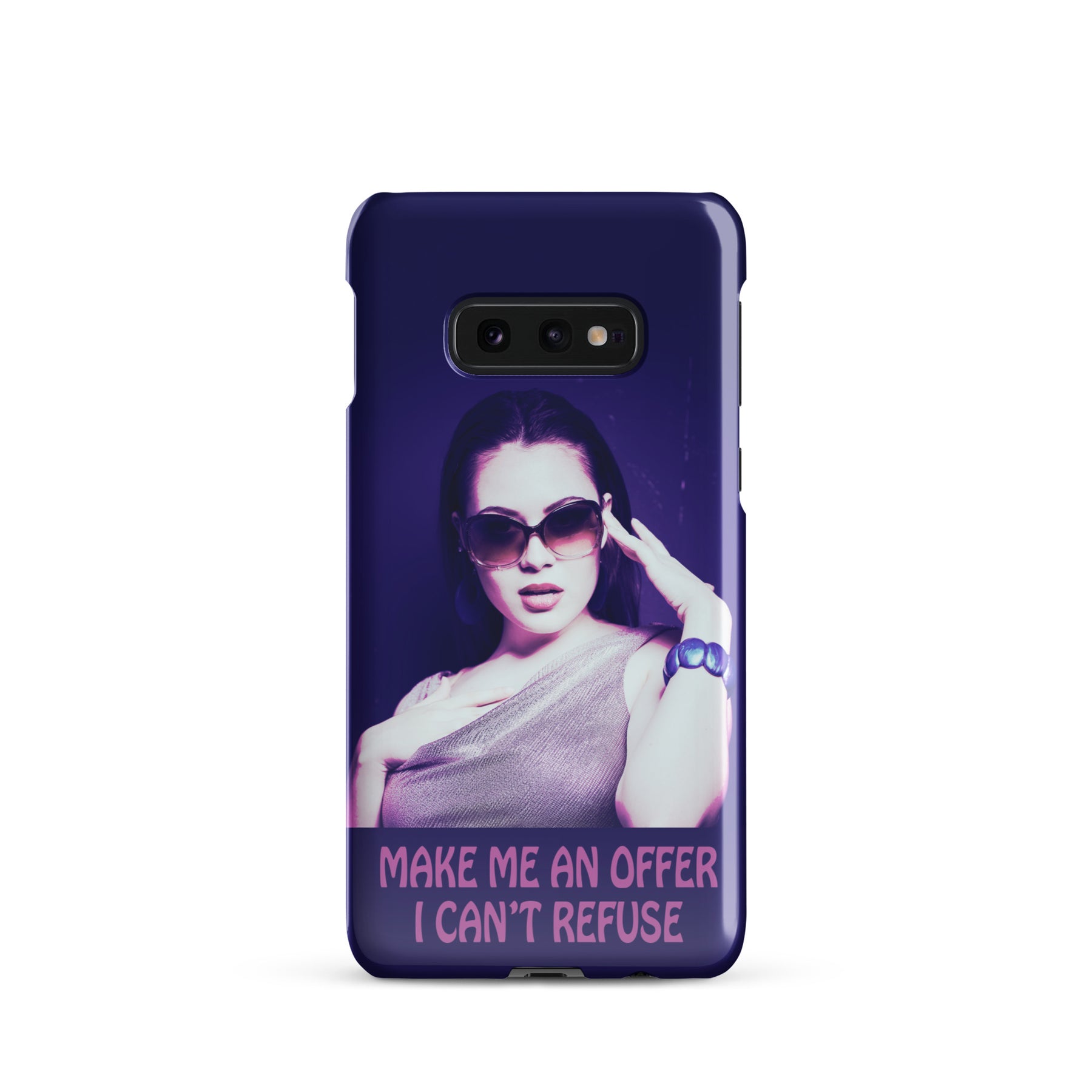 Samsung Phone case with a purple wrap and an image of a young woman in sunglasses. There is pink text that reads Make Me An Offer I Can't Refuse