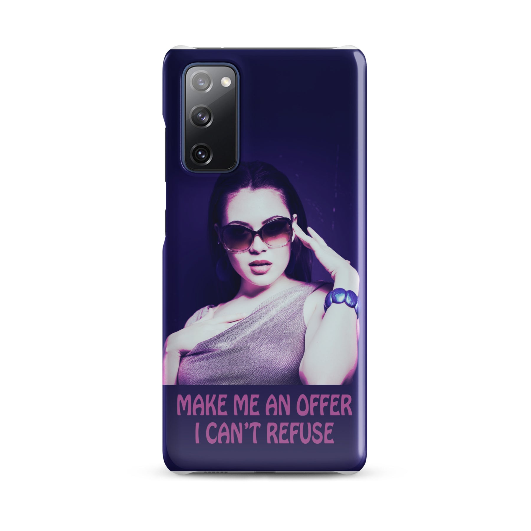 Samsung Phone case with a purple wrap and an image of a young woman in sunglasses. There is pink text that reads Make Me An Offer I Can't Refuse