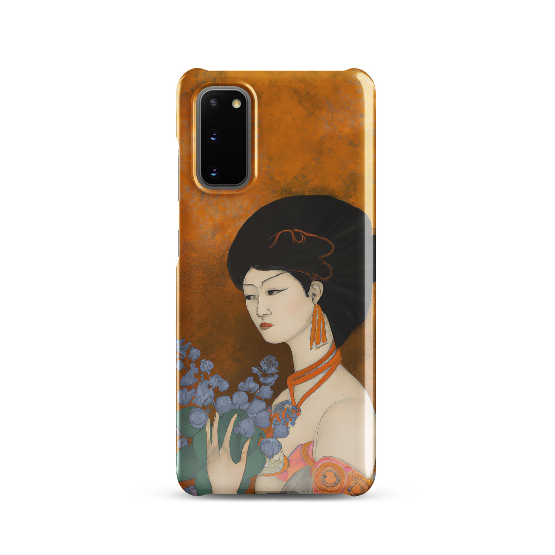 Samsung Phone case with a painted image of a Geisha holding some violets