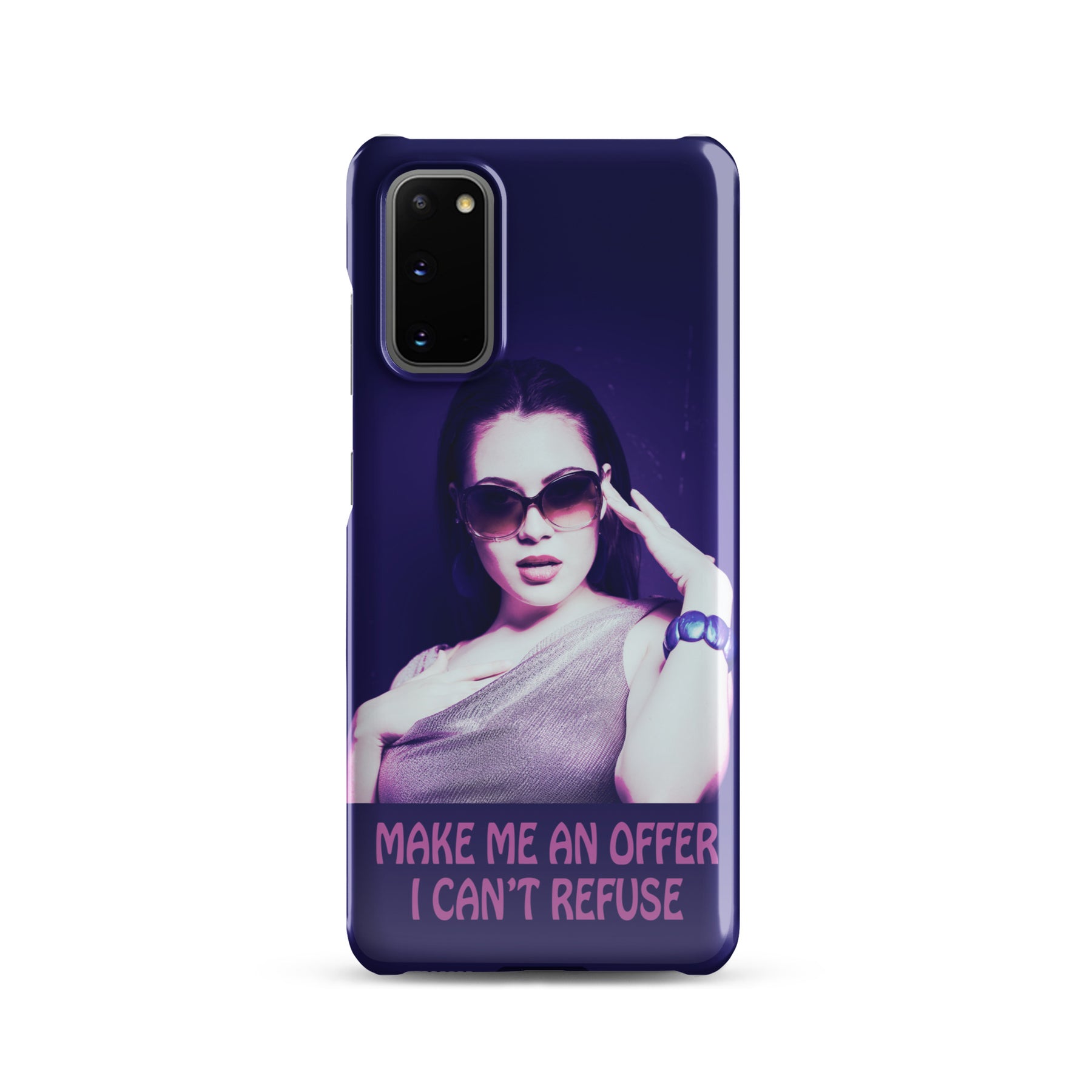 Samsung Phone case with a purple wrap and an image of a young woman in sunglasses. There is pink text that reads Make Me An Offer I Can't Refuse
