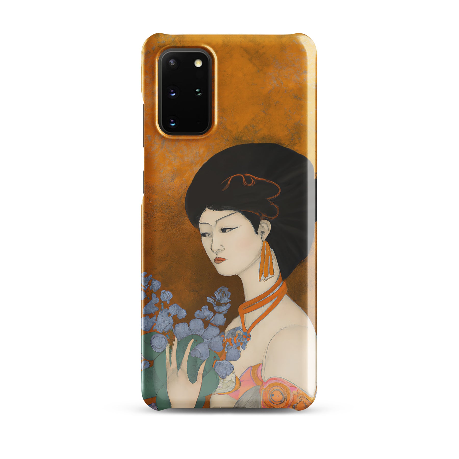 Samsung Phone case with a painted image of a Geisha holding some violets