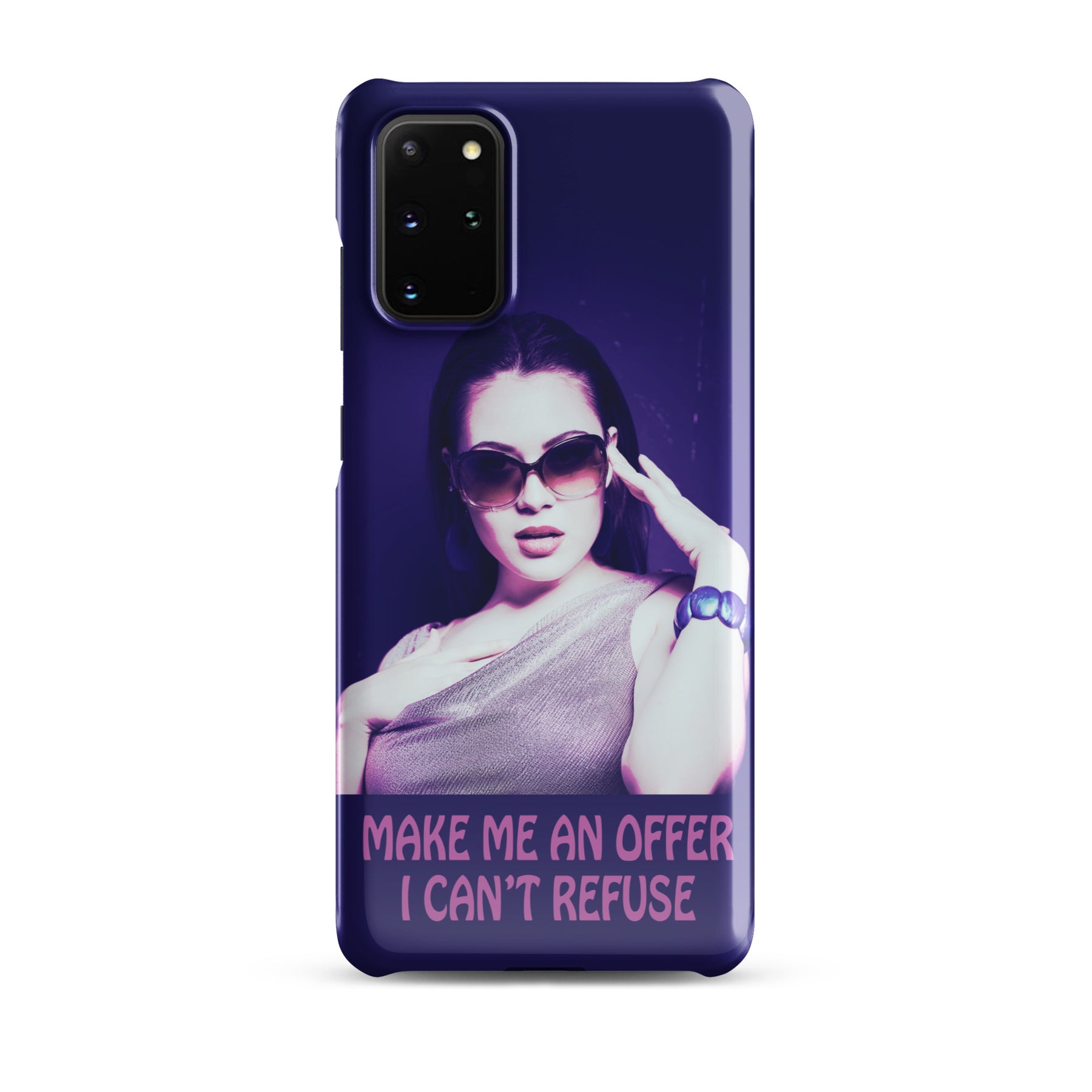 Samsung Phone case with a purple wrap and an image of a young woman in sunglasses. There is pink text that reads Make Me An Offer I Can't Refuse