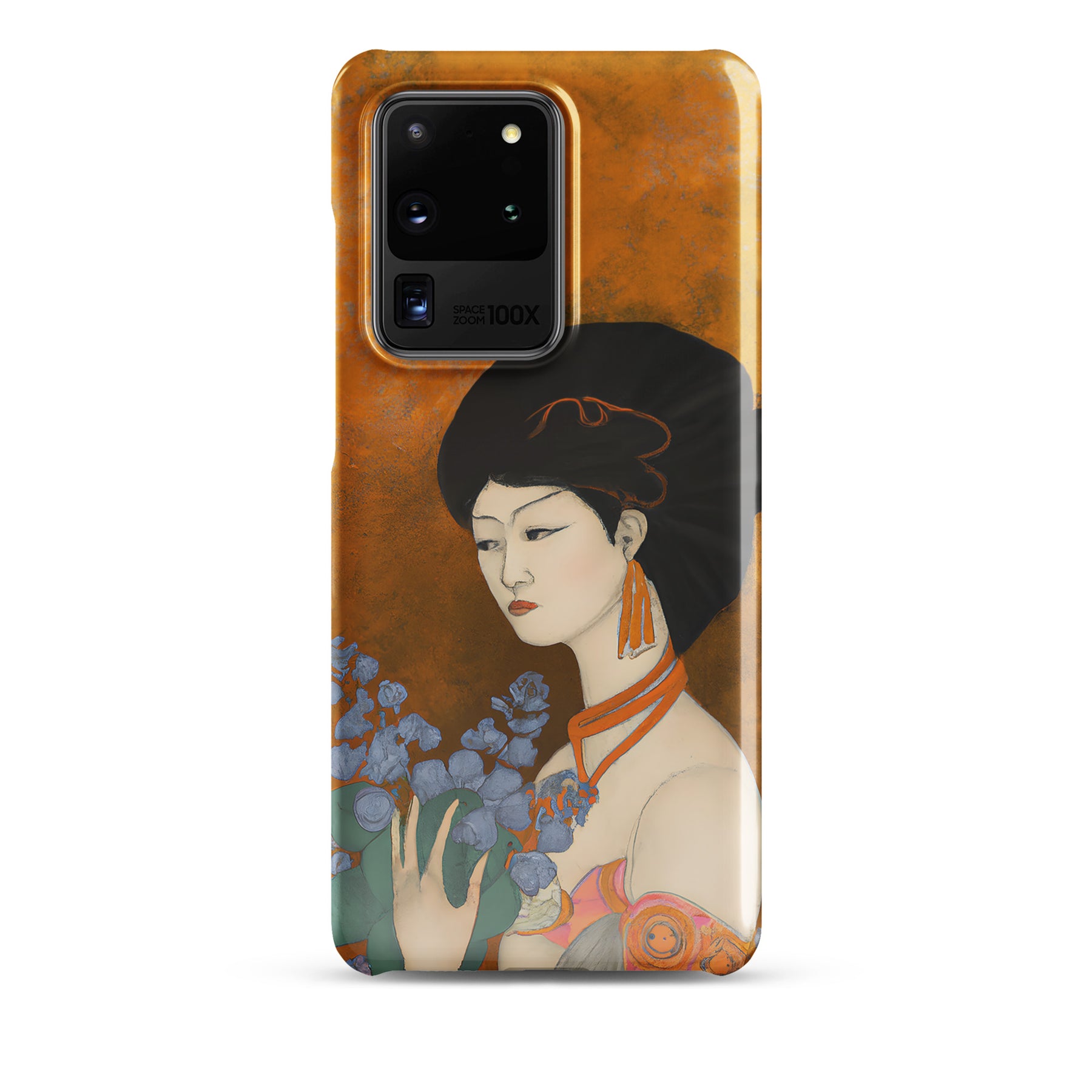 Samsung Phone case with a painted image of a Geisha holding some violets