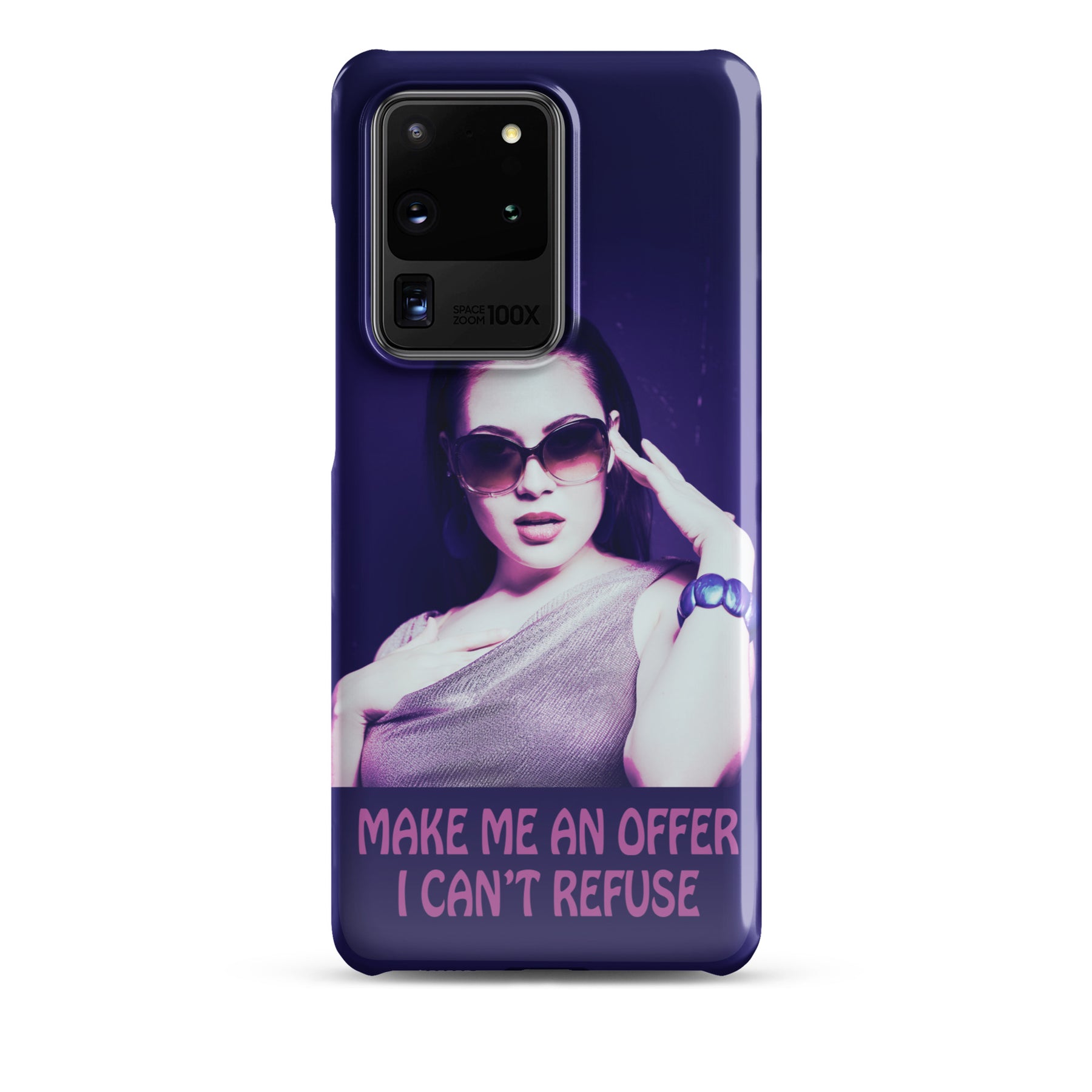 Samsung Phone case with a purple wrap and an image of a young woman in sunglasses. There is pink text that reads Make Me An Offer I Can't Refuse
