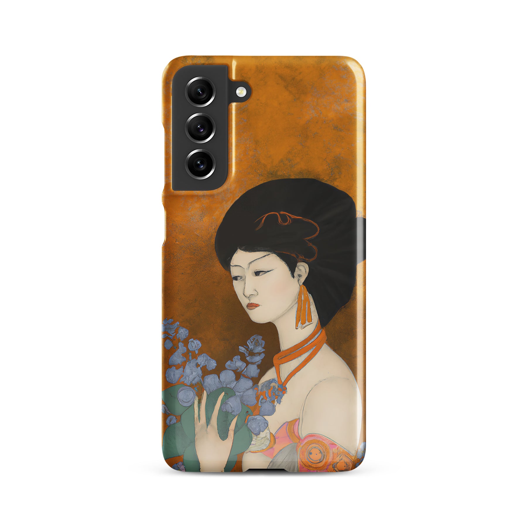 Samsung Phone case with a painted image of a Geisha holding some violets