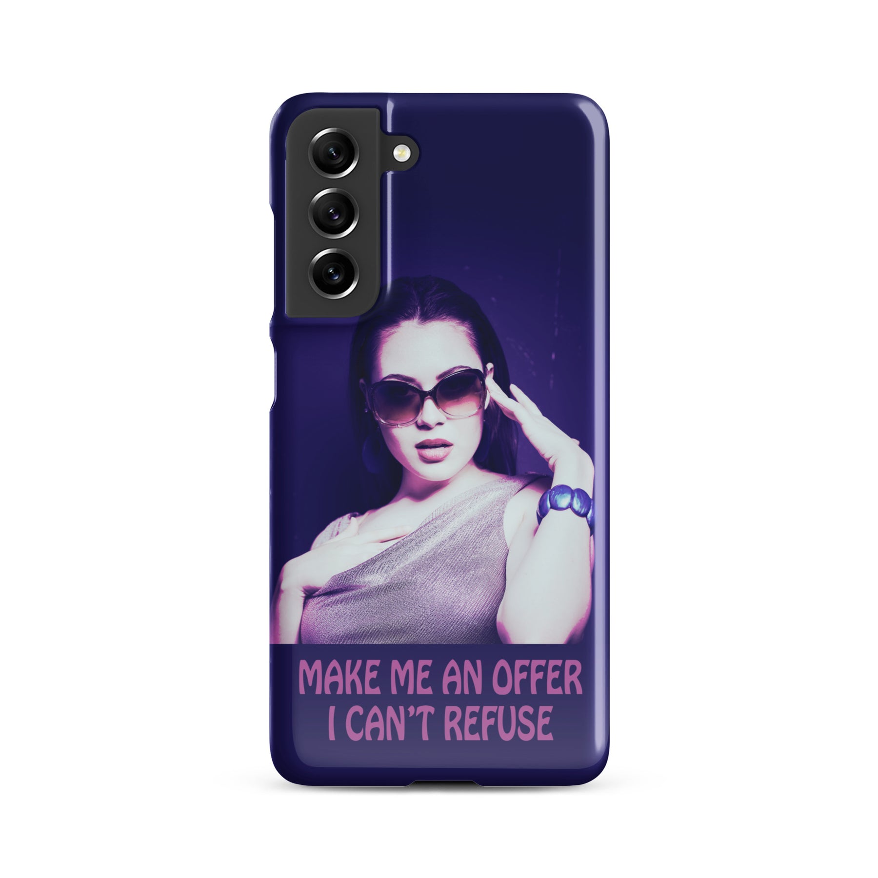 Samsung Phone case with a purple wrap and an image of a young woman in sunglasses. There is pink text that reads Make Me An Offer I Can't Refuse