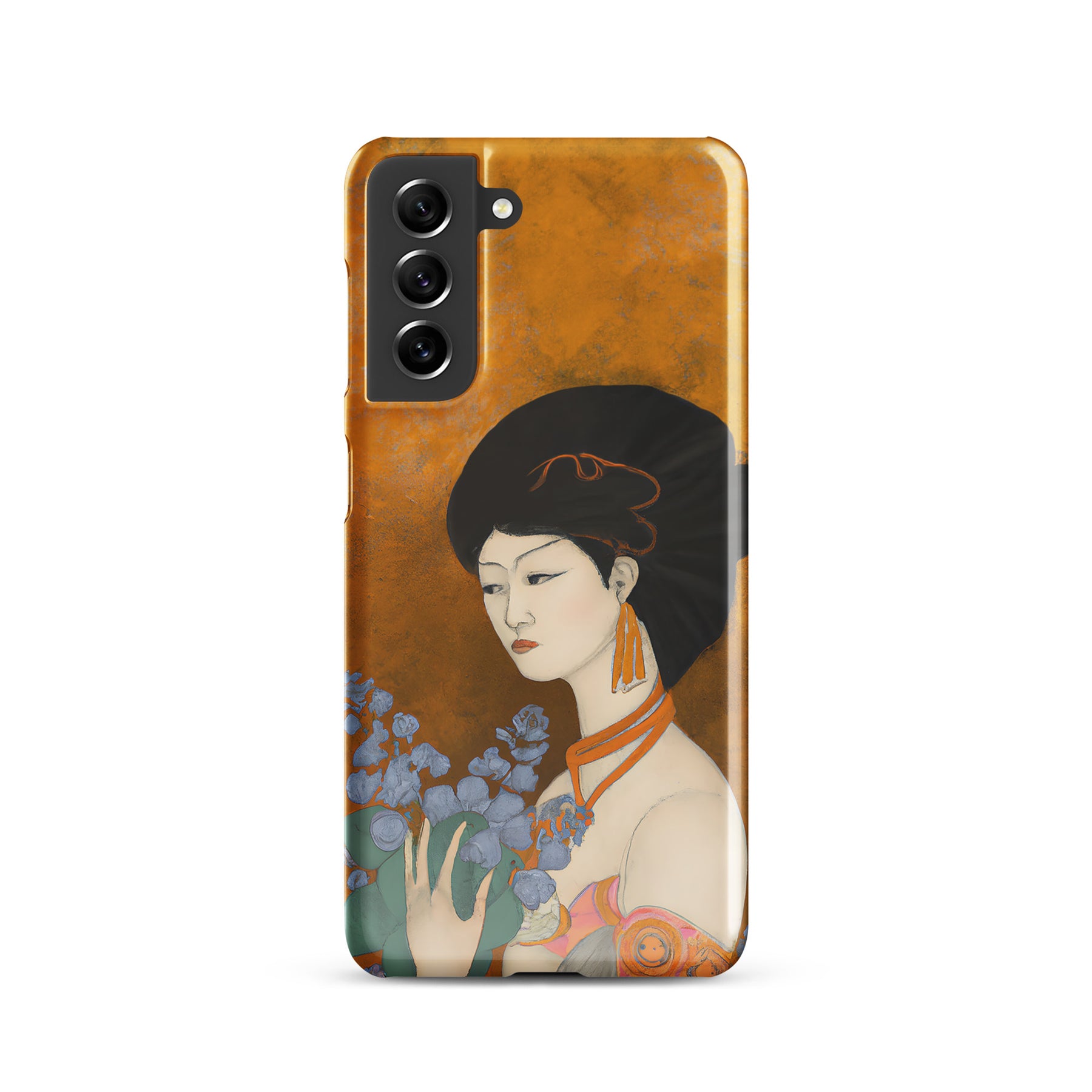 Samsung Phone case with a painted image of a Geisha holding some violets