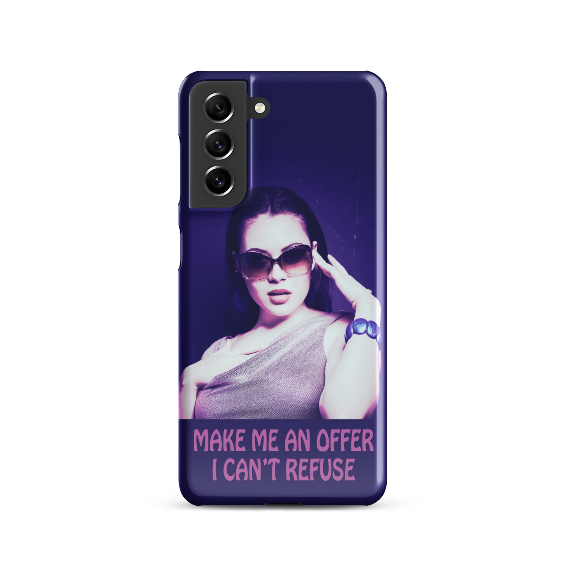 Samsung Phone case with a purple wrap and an image of a young woman in sunglasses. There is pink text that reads Make Me An Offer I Can't Refuse