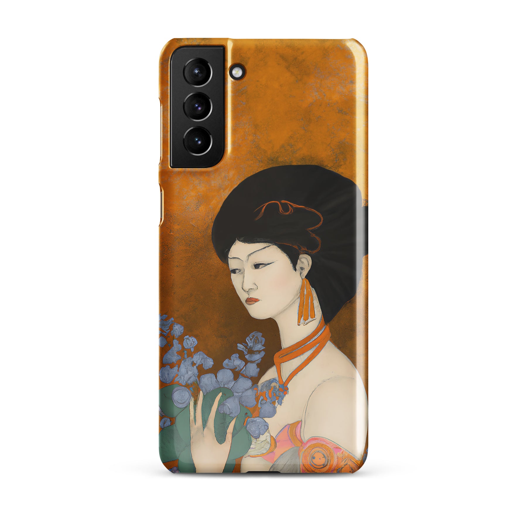 Samsung Phone case with a painted image of a Geisha holding some violets