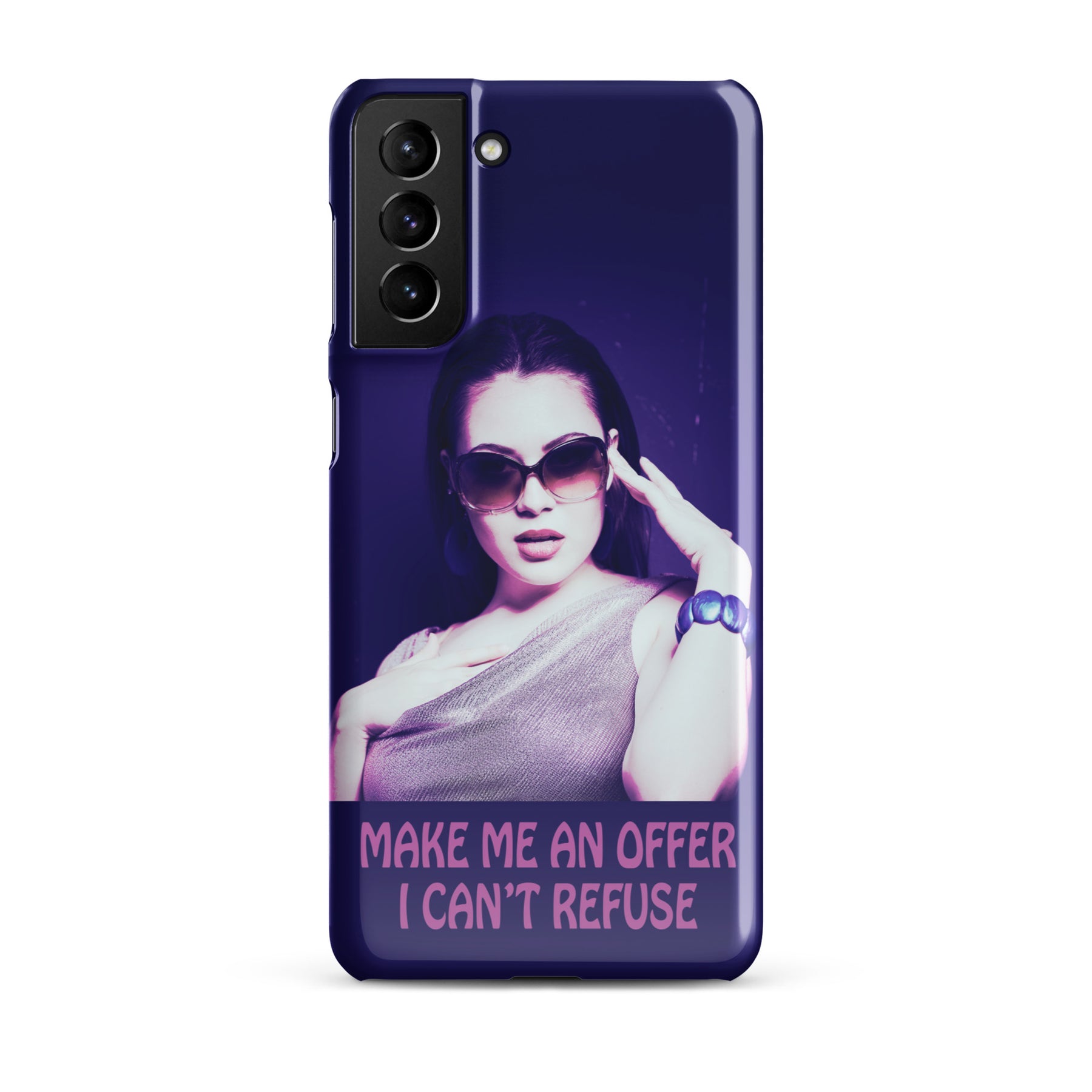 Samsung Phone case with a purple wrap and an image of a young woman in sunglasses. There is pink text that reads Make Me An Offer I Can't Refuse