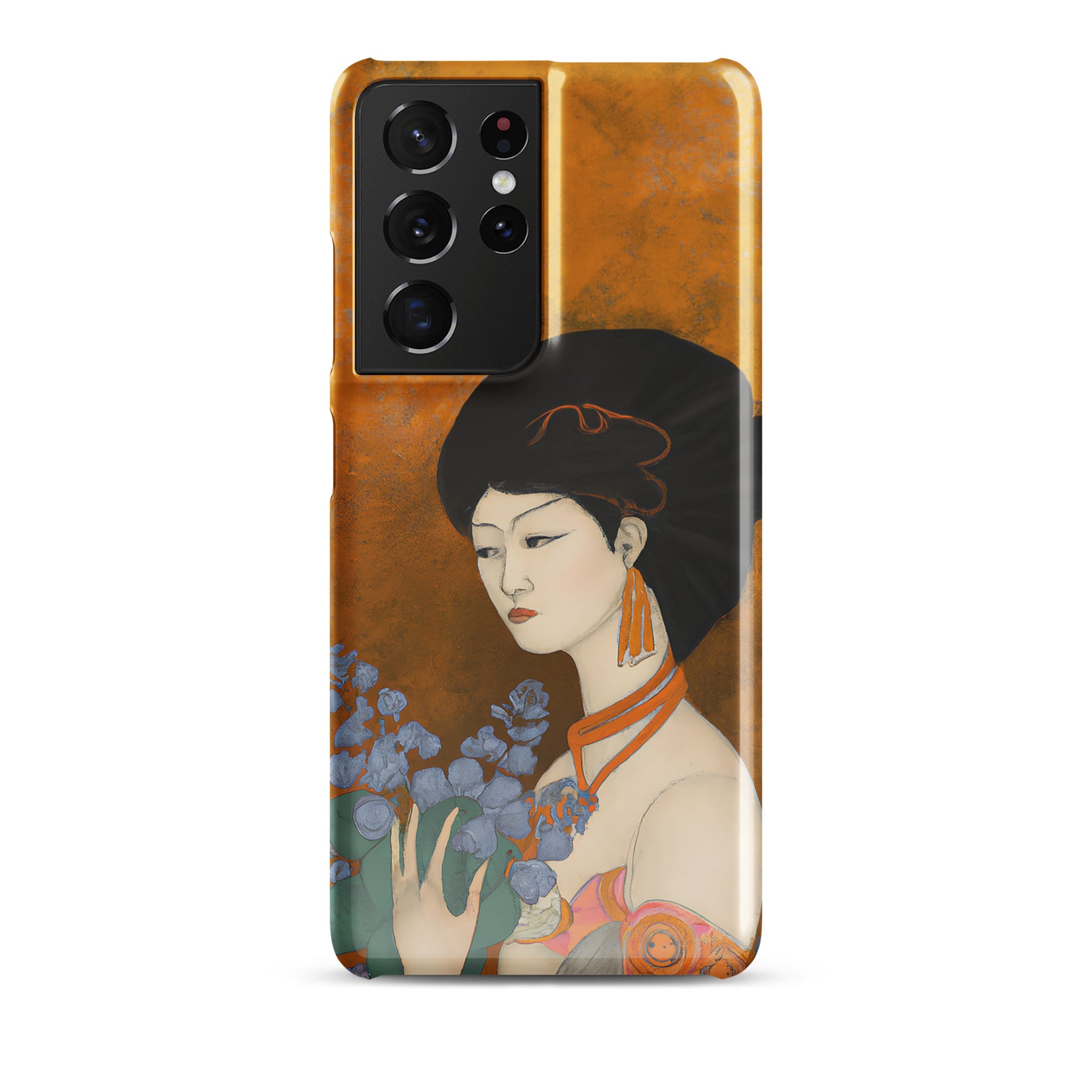 Samsung Phone case with a painted image of a Geisha holding some violets