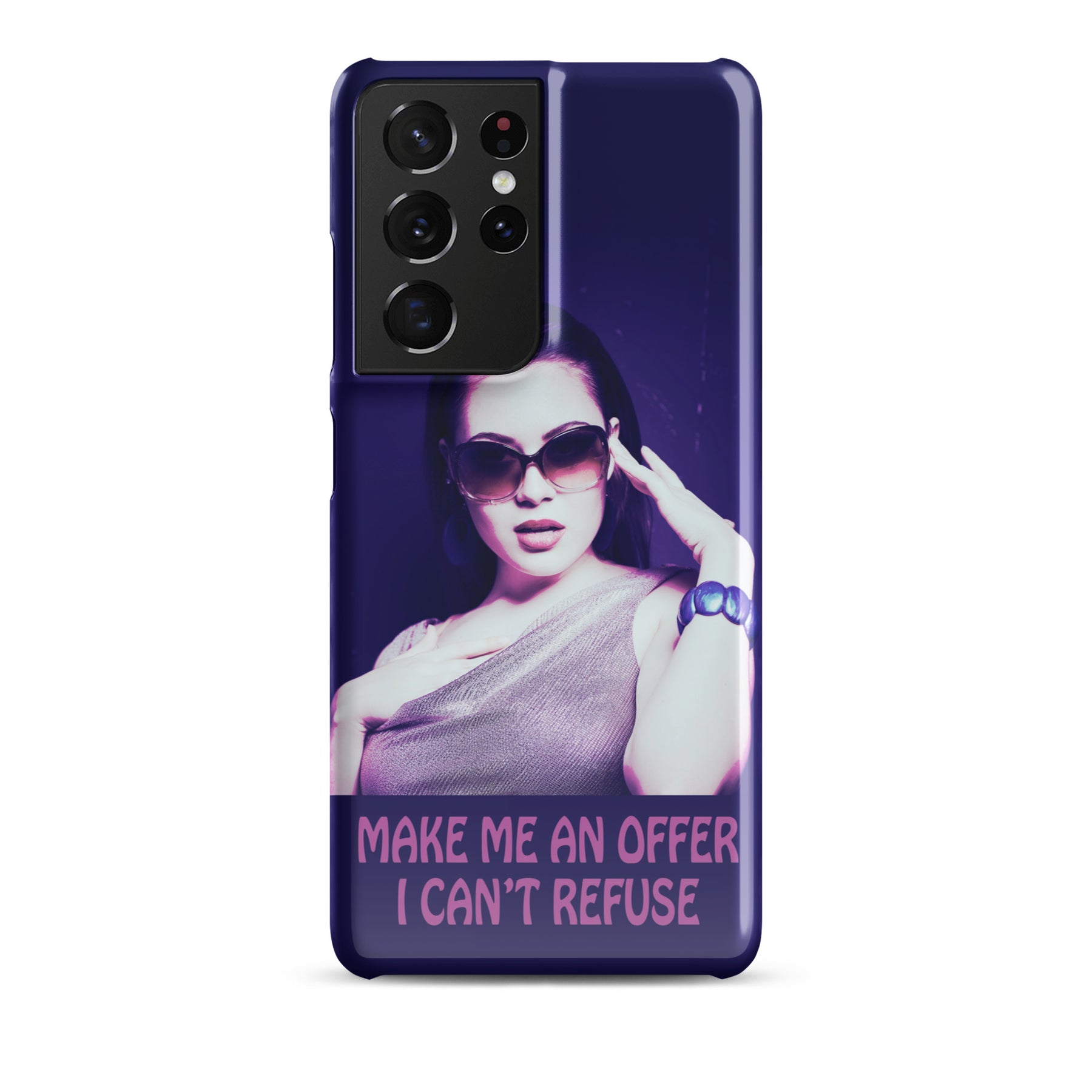 Samsung Phone case with a purple wrap and an image of a young woman in sunglasses. There is pink text that reads Make Me An Offer I Can't Refuse