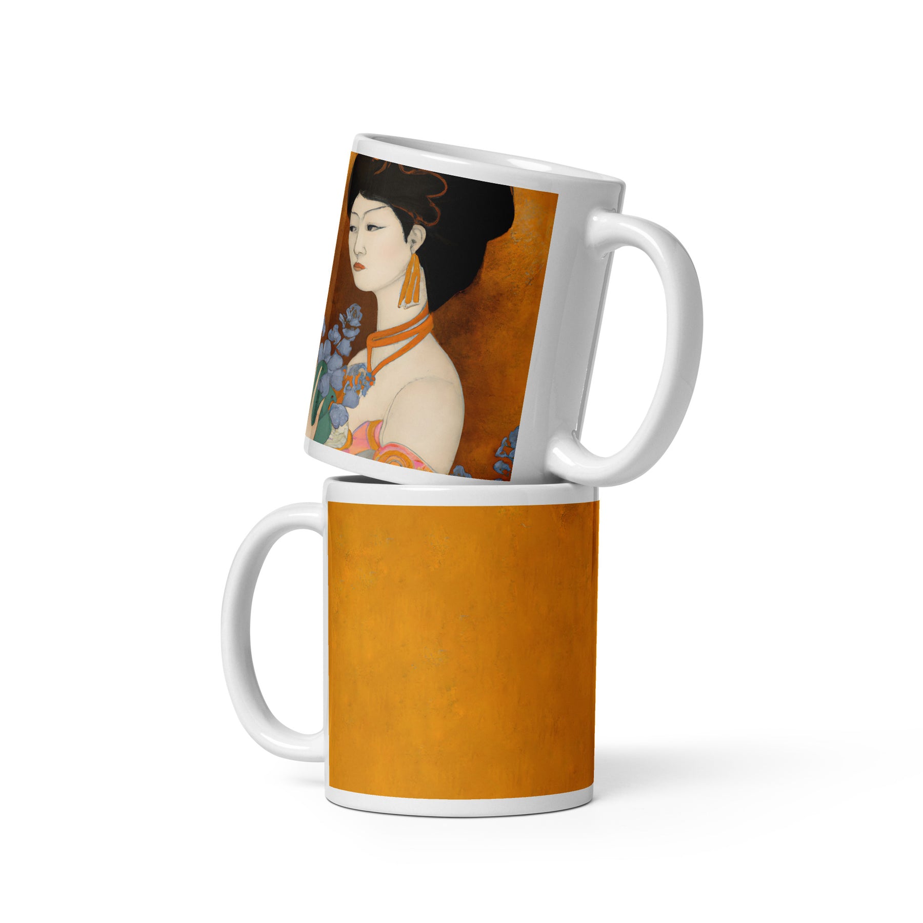 stacked Coffee Mug with a painted image of a Geisha holding some violets