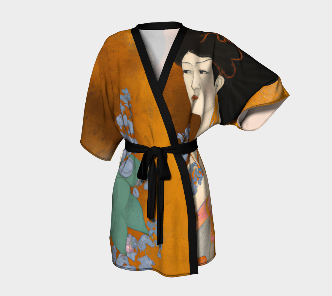 Short Kimono Robe with a painted image of a Geisha holding some violets front view