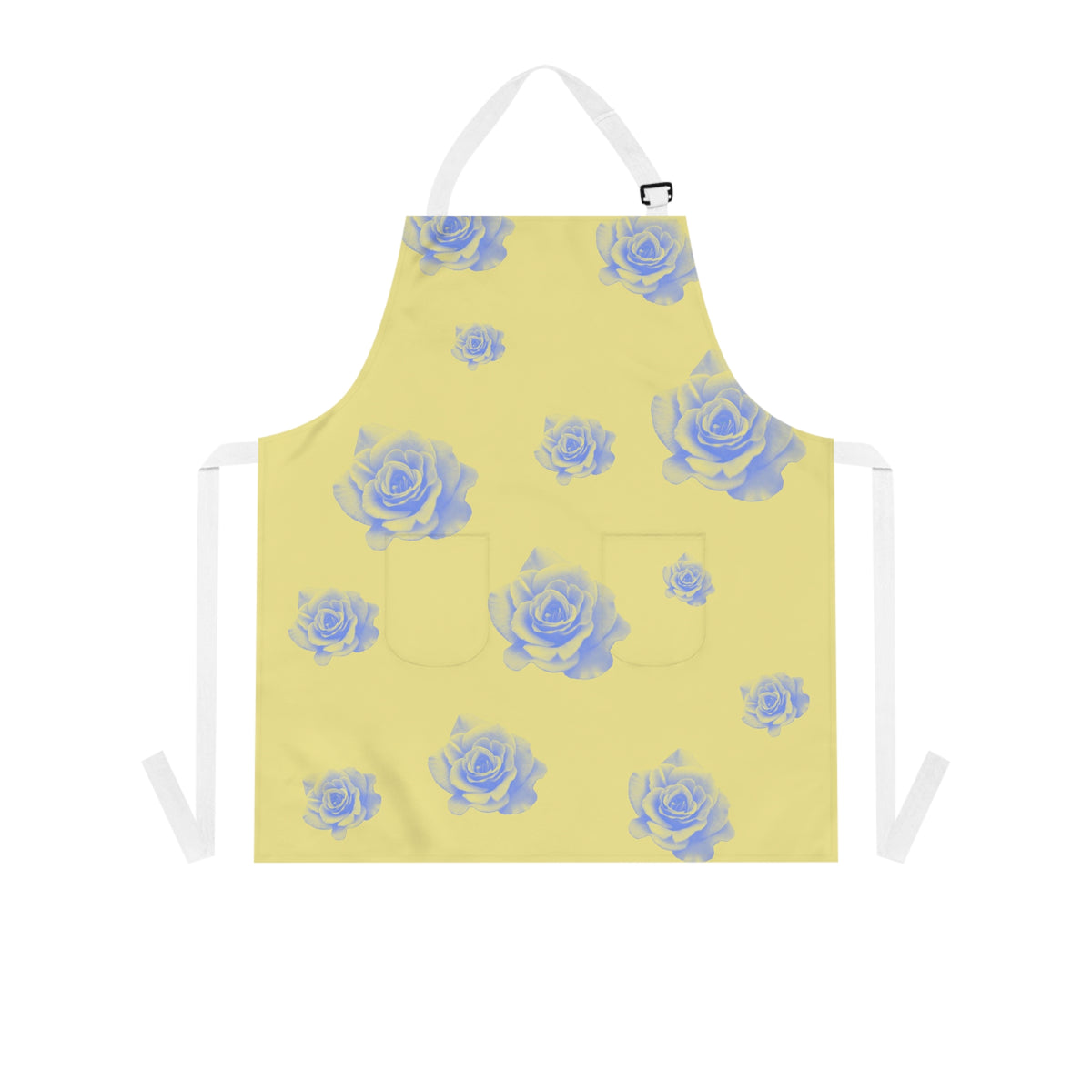 front view of grilling apron with a yellow and blue rose pattern on it and white straps
