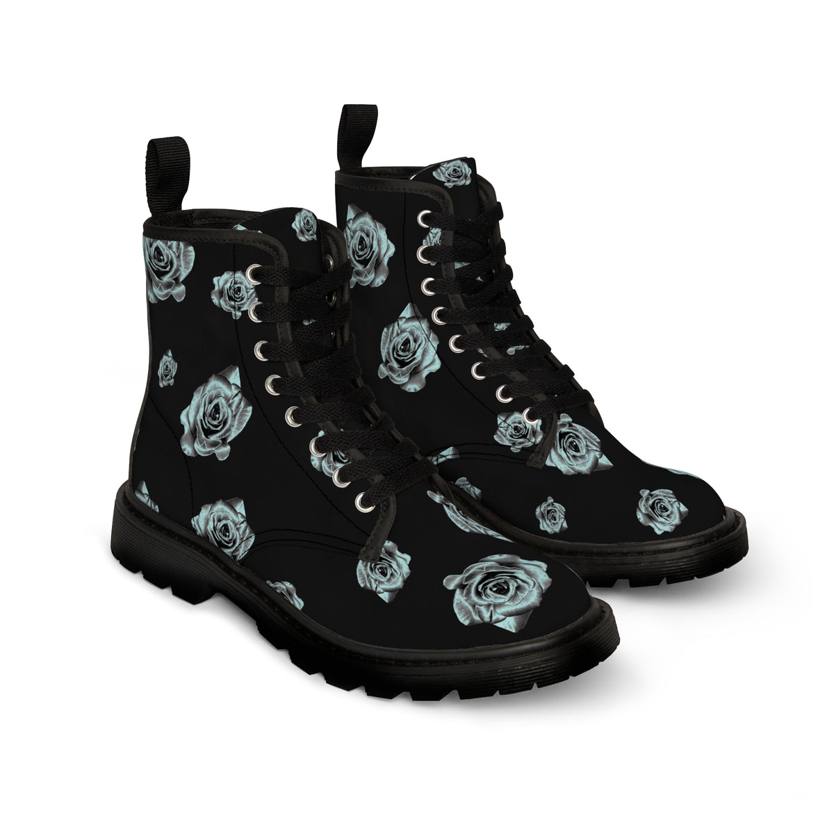 Women's black canvas boots with a silver rose pattern
