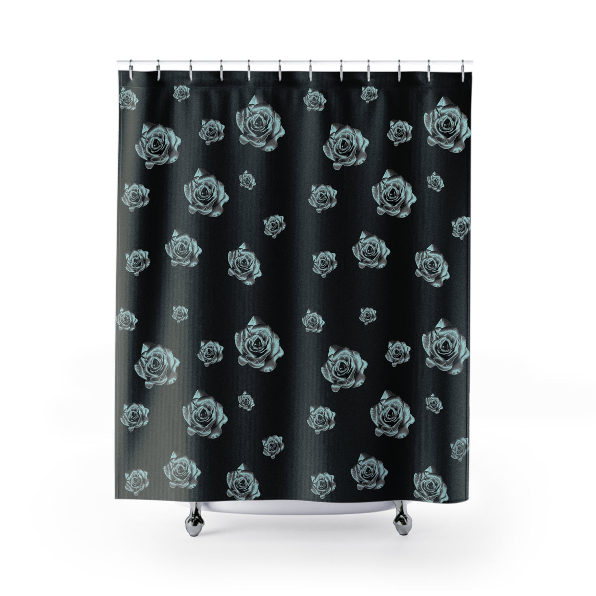front view of a shower curtain that's black with a silver rose pattern