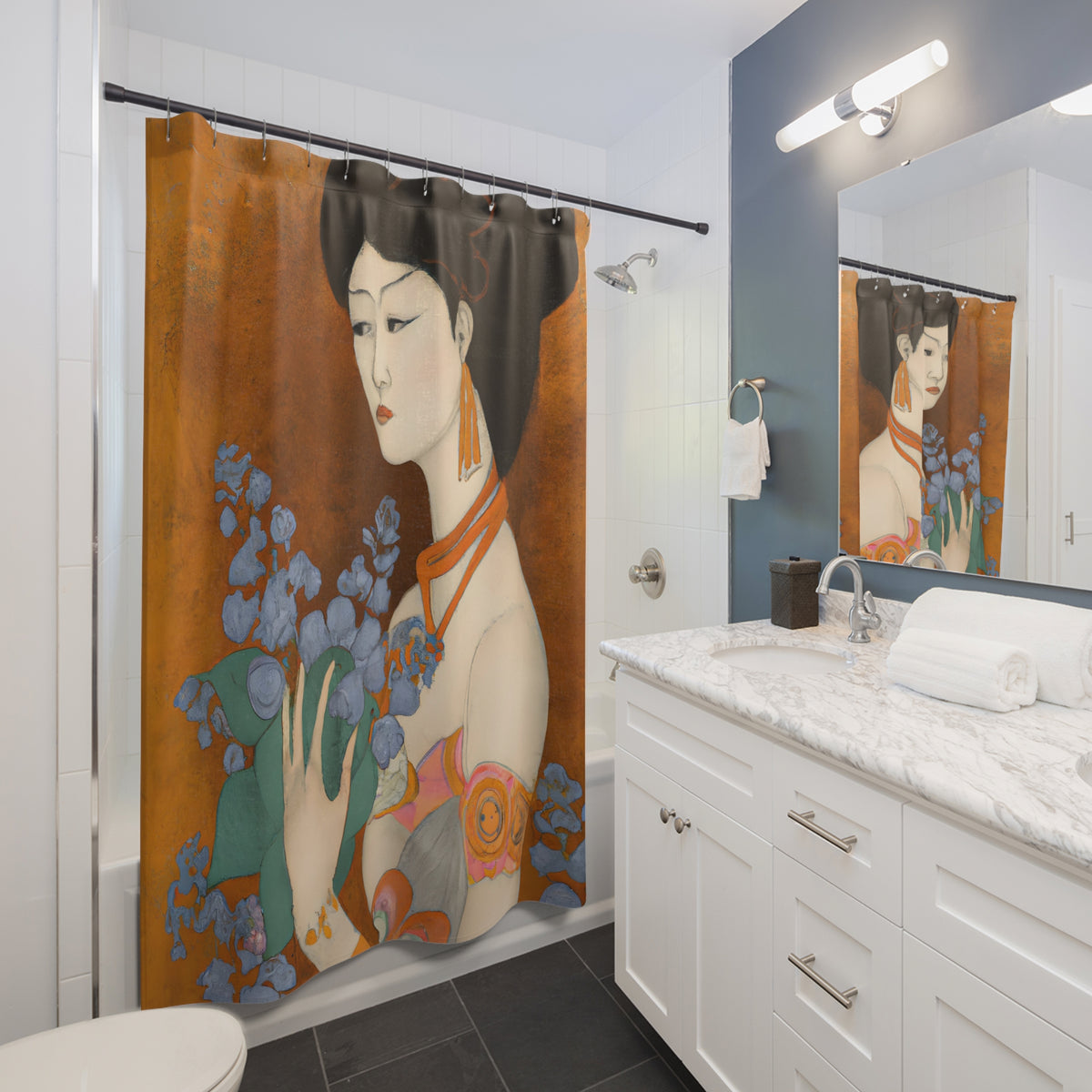 bathroom view with a shower curtain of a painted image of a Geisha holding some violets