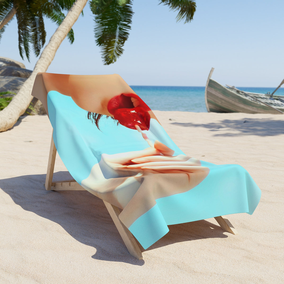 view of a beach with a beach chair with a towel overtop of a girl holding a red lollipop up to her red lips