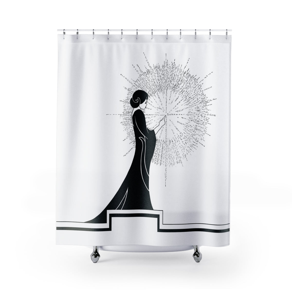 front view of a shower curtain with an ink drawing of a woman touching the spark of creation in an Art Deco style