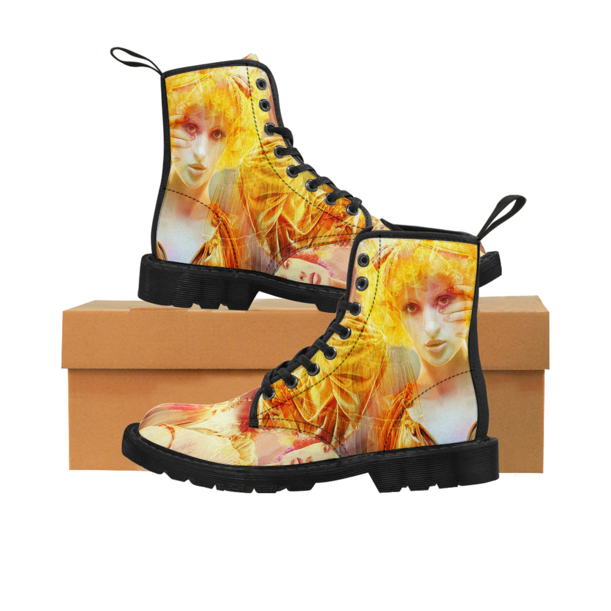 woman's canvas boots printed with a montage image of a beautiful fashion clown