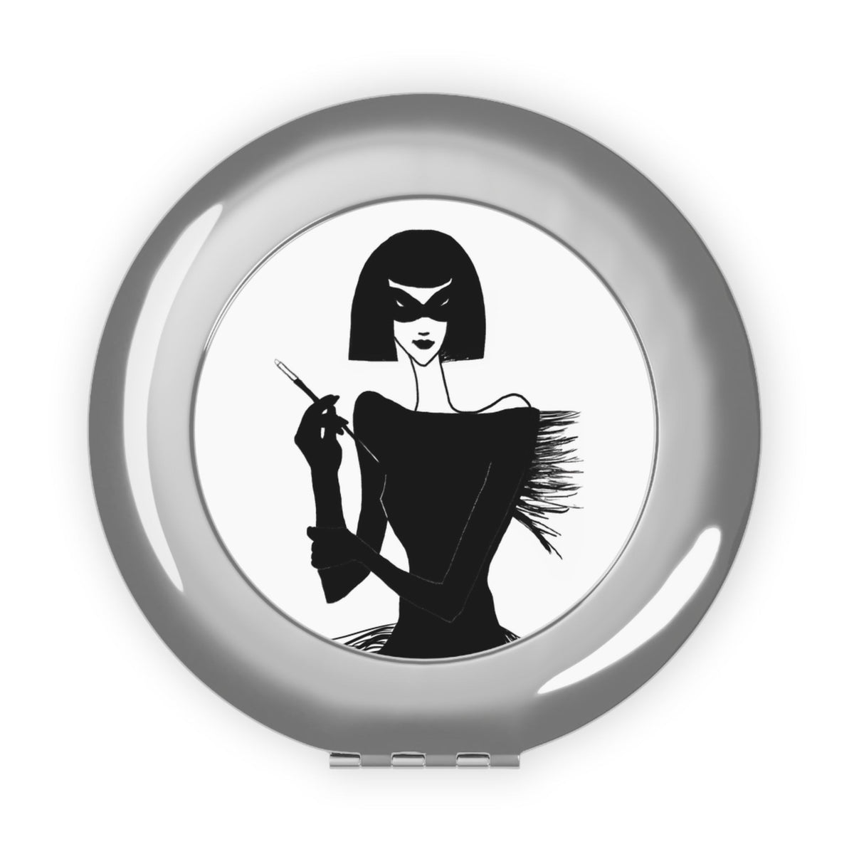 front view of a compact mirror with an ink drawing of a 1920's woman in a mask and holding a long cigarette