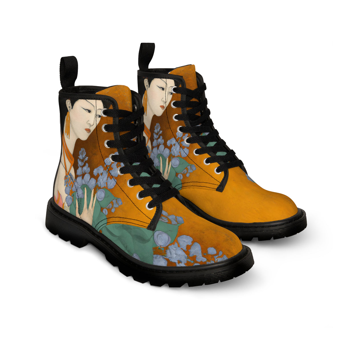 Woman's canvas boots with a painted image of a Geisha holding some violets