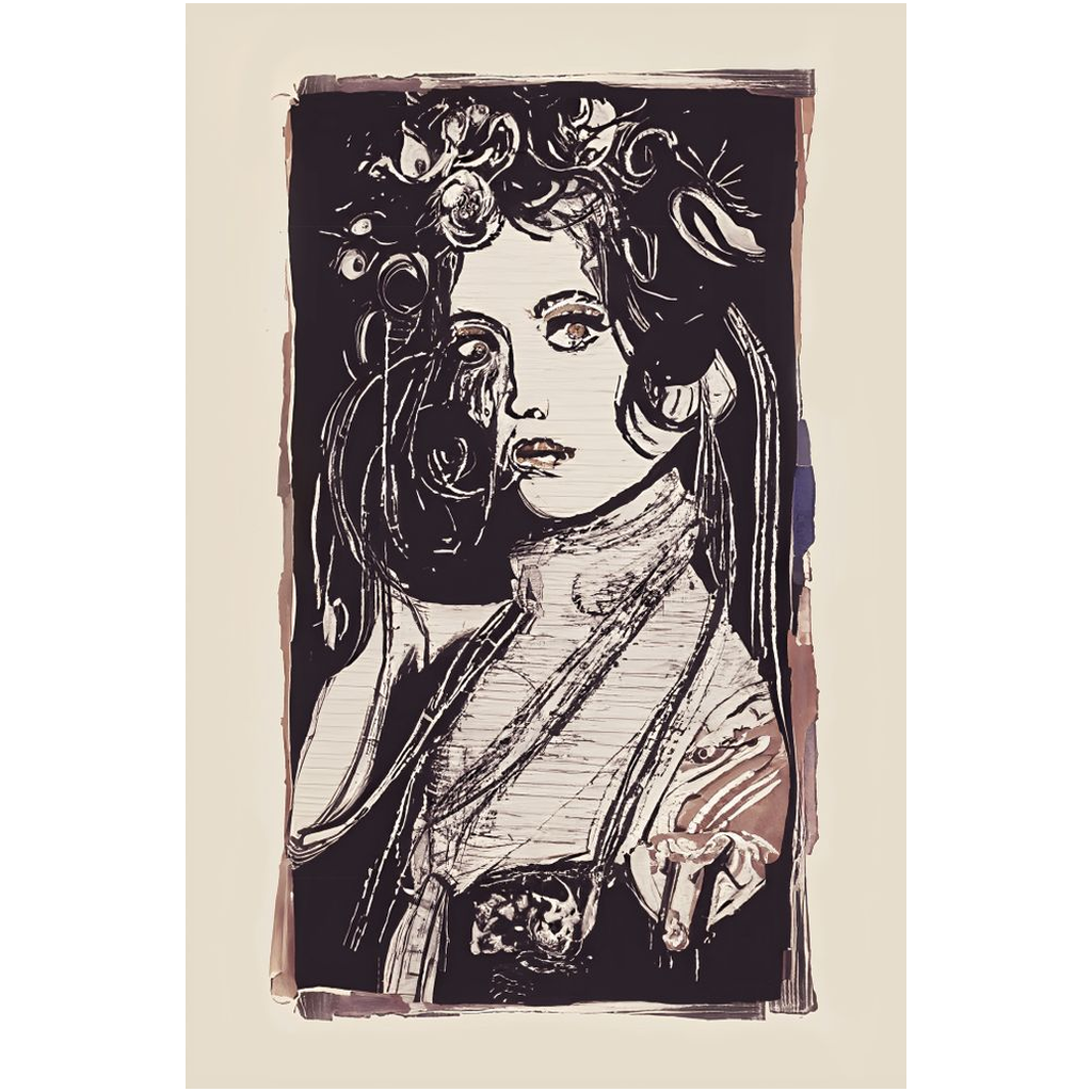 Fine art Poster Print of a very textured painted image of a woman with flowers in her hair that looks like a black and white engraving
