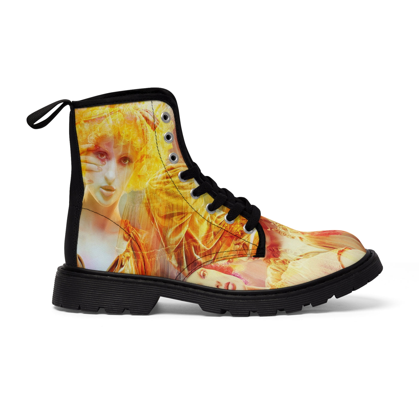woman's canvas boots printed with a montage image of a beautiful fashion clown