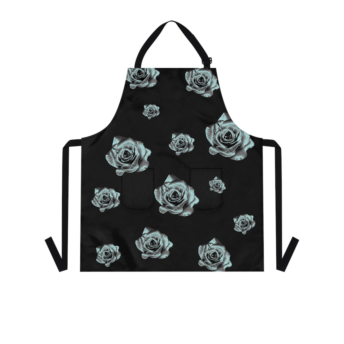 front view of grilling apron with a black and silver rose pattern on it and white straps