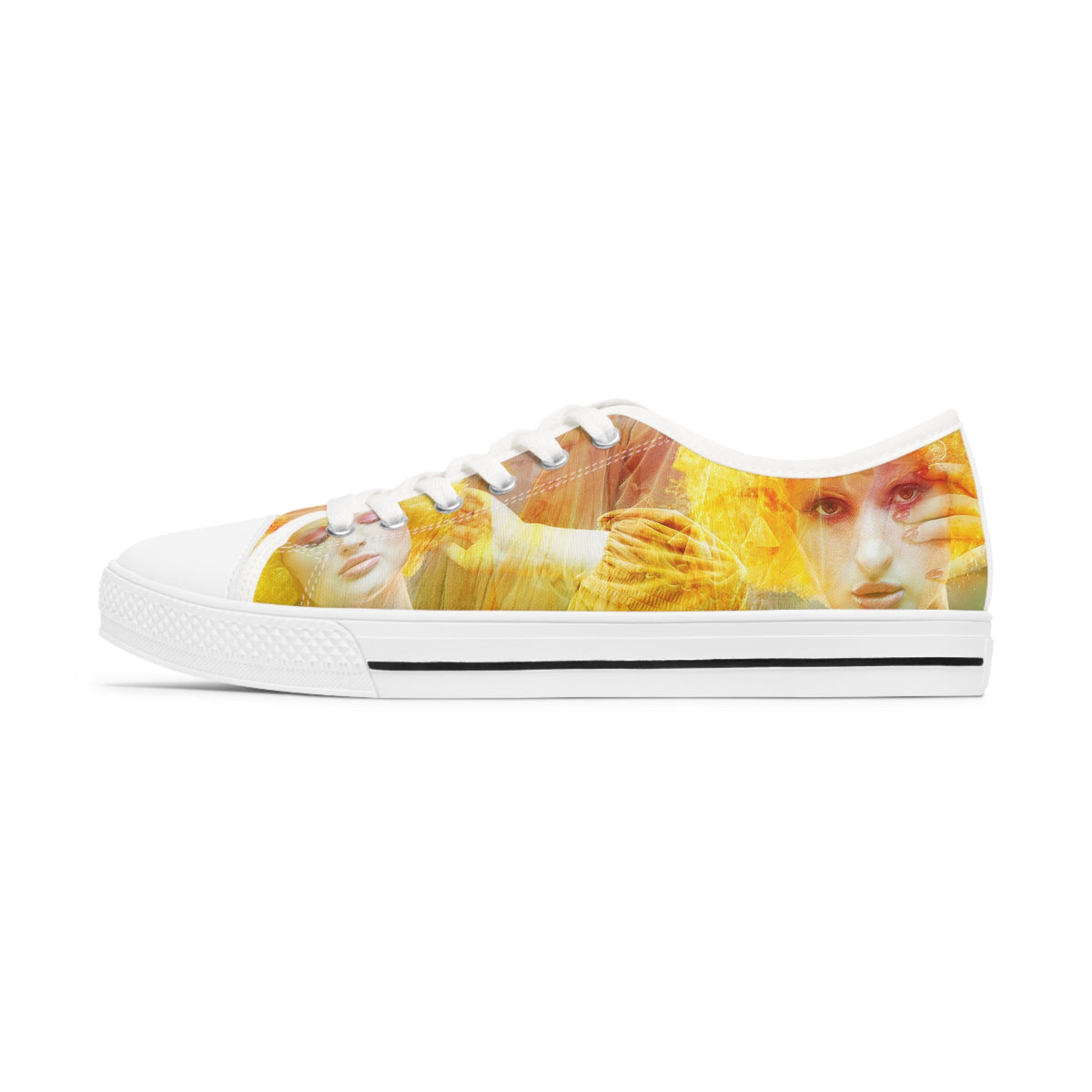 woman's canvas sneakers printed with a montage image of a beautiful fashion clown